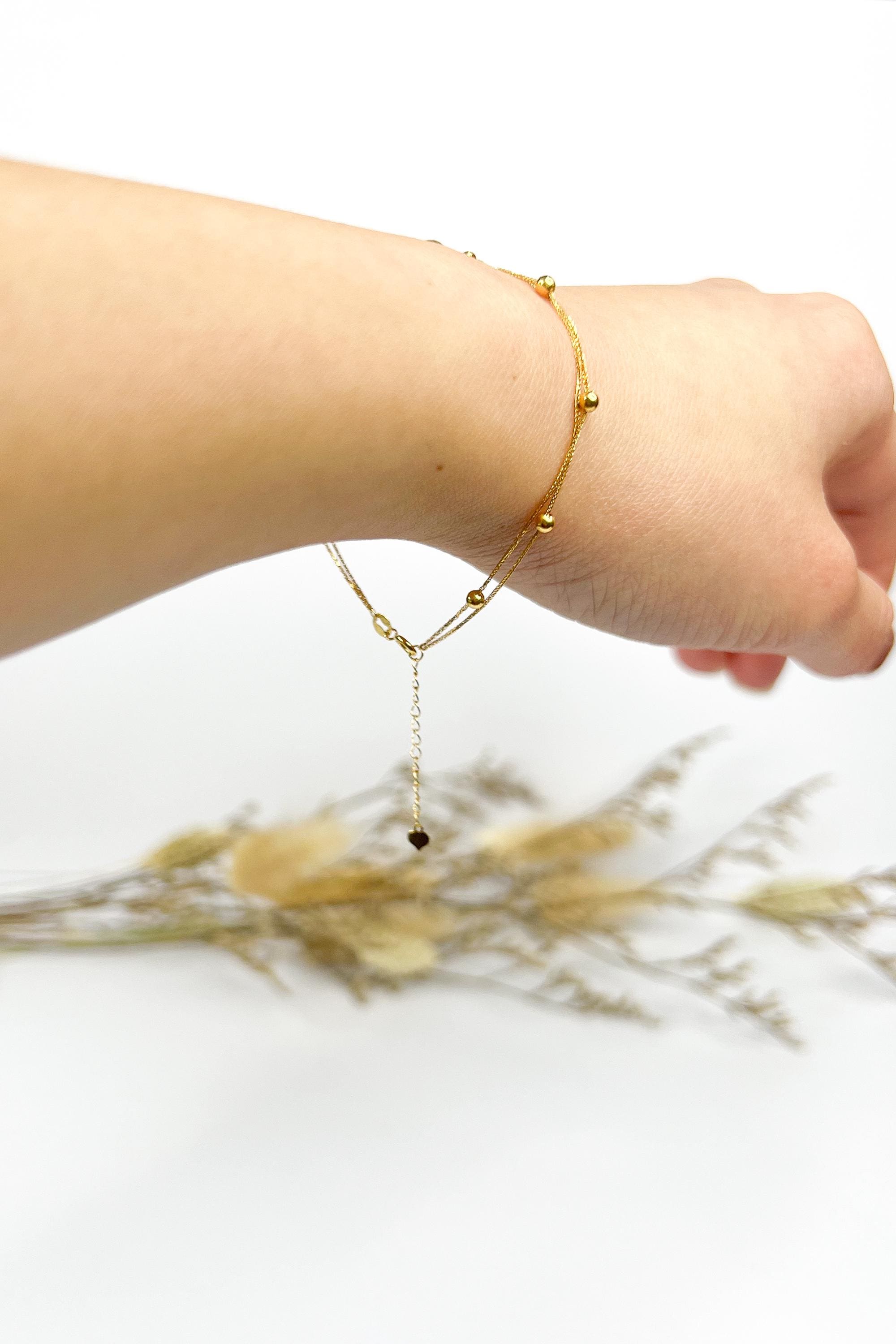 18K Solid Gold Beaded Bracelet with Heart - Double Strand Adjustable