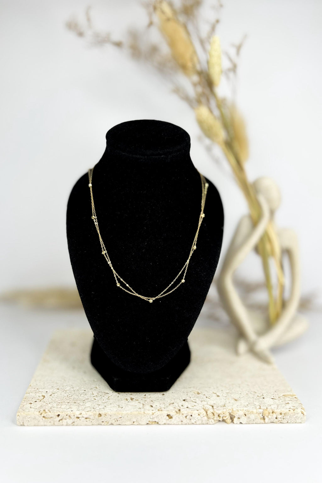18K Solid Gold Double Strand Station Necklace, Dainty Layered Beaded Chain, Minimalist Jewelry