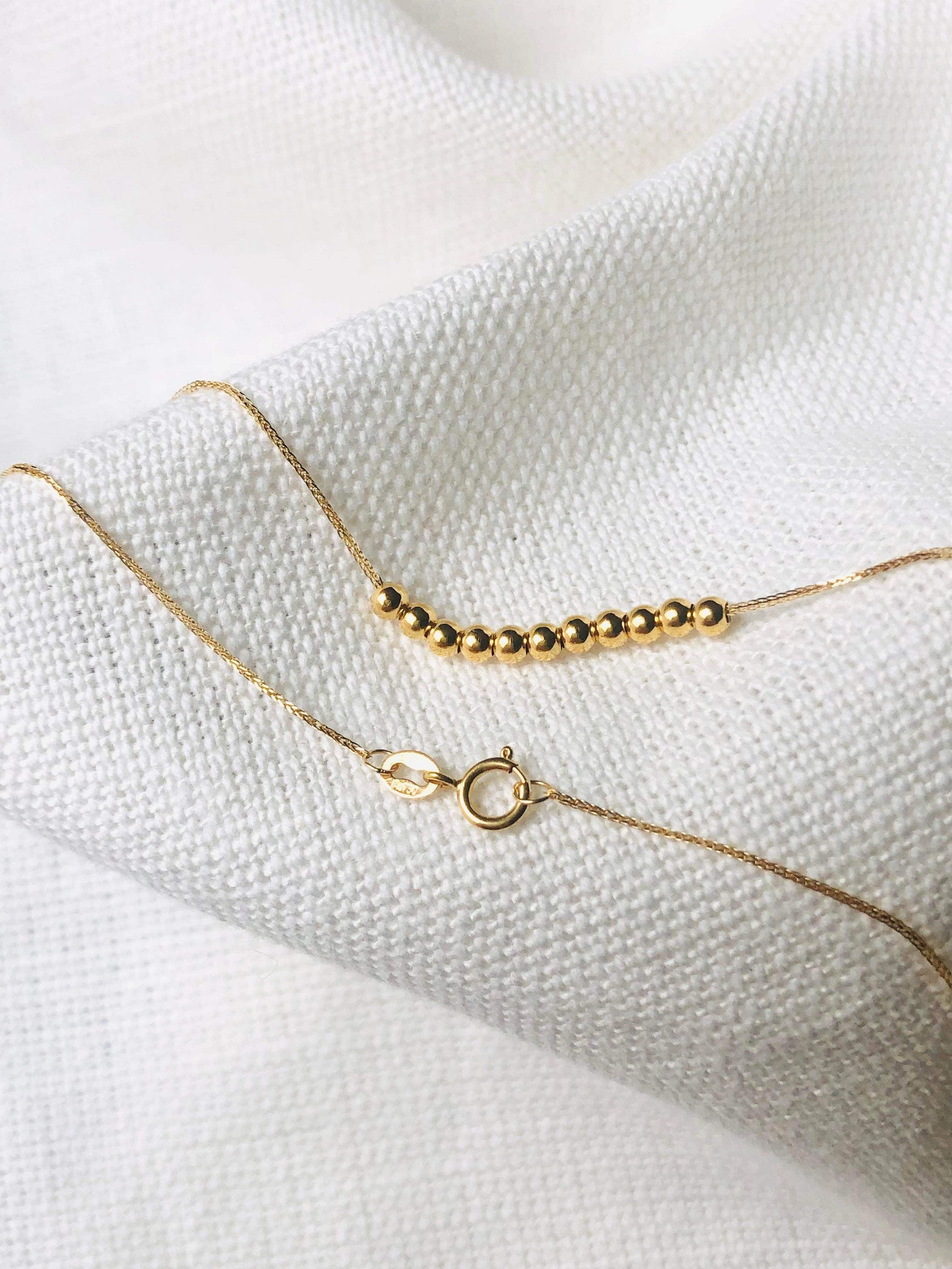 18K Yellow Gold Running Beads Necklace, Minimalist Dainty Chain, Solid Gold Jewelry