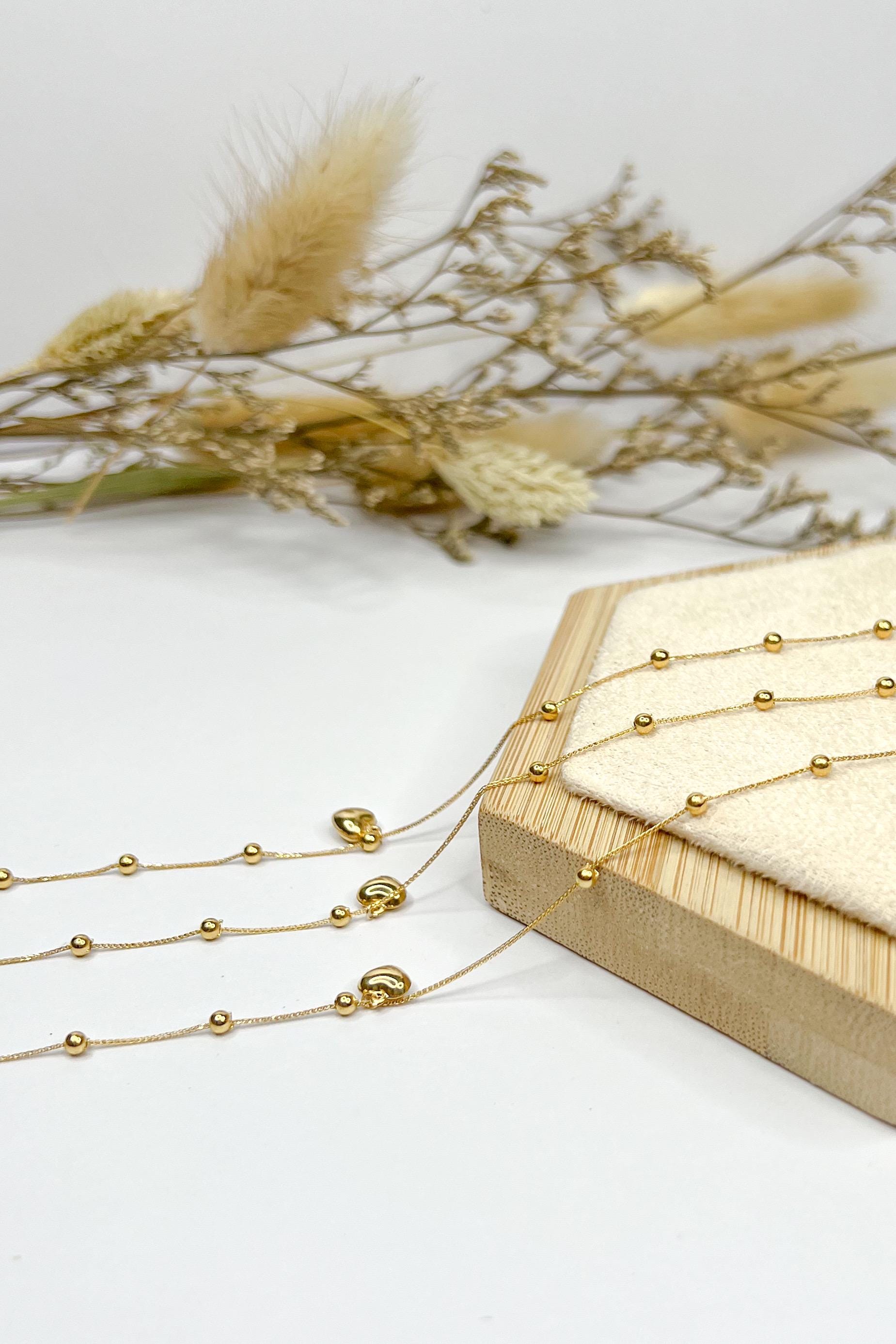 18K Solid Gold Beaded Heart Charm Bracelet, Minimalist Adjustable Jewelry