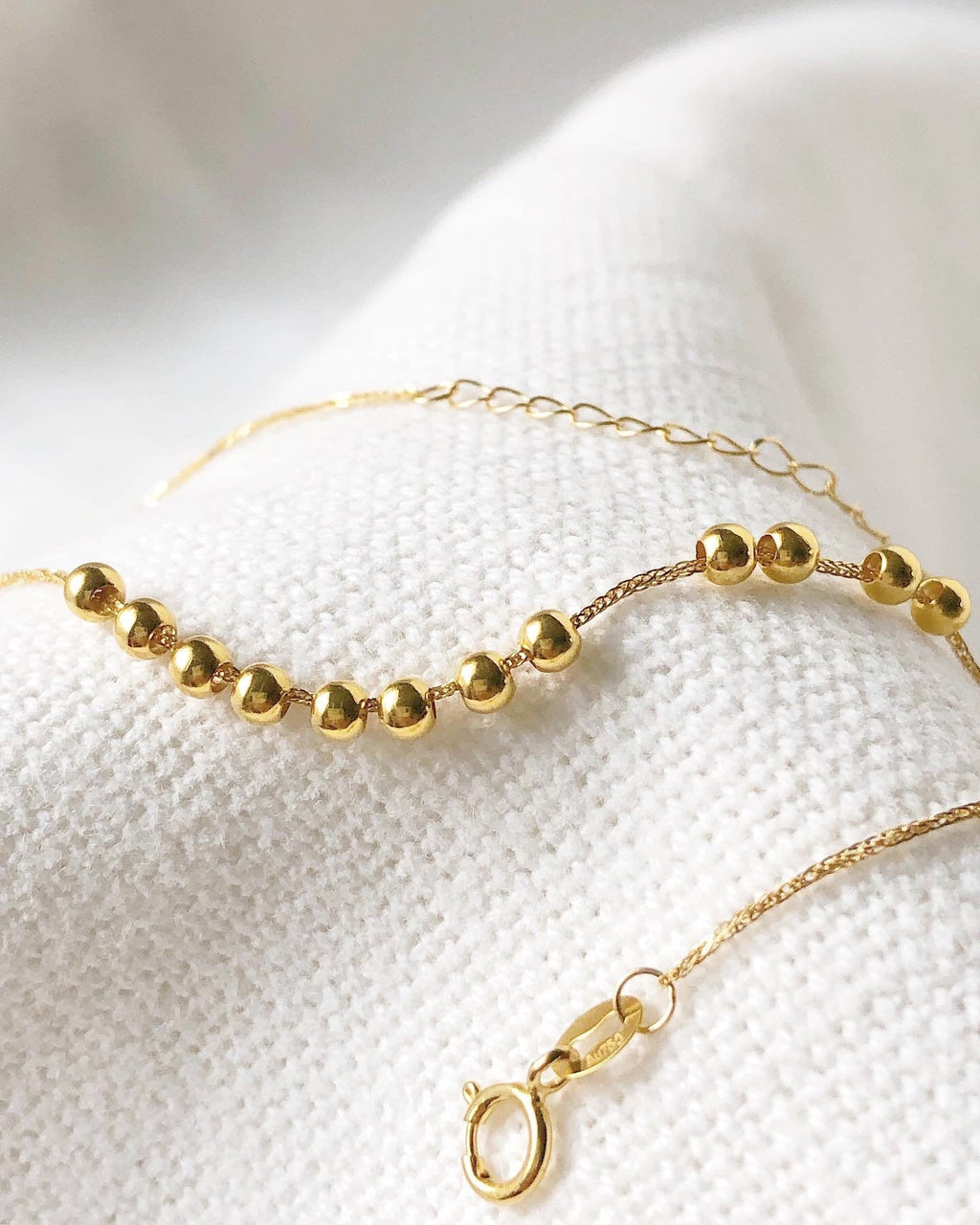 18K Solid Gold Running Beads Bracelet, Dainty Adjustable Minimalist Jewelry