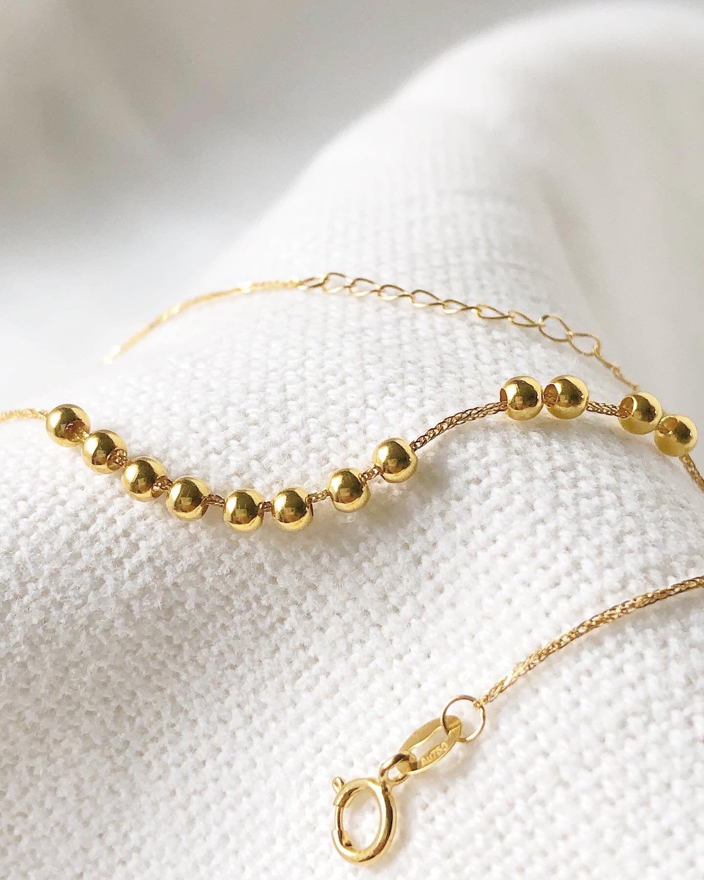 18K Solid Gold Running Beads Bracelet, Dainty Adjustable Minimalist Jewelry