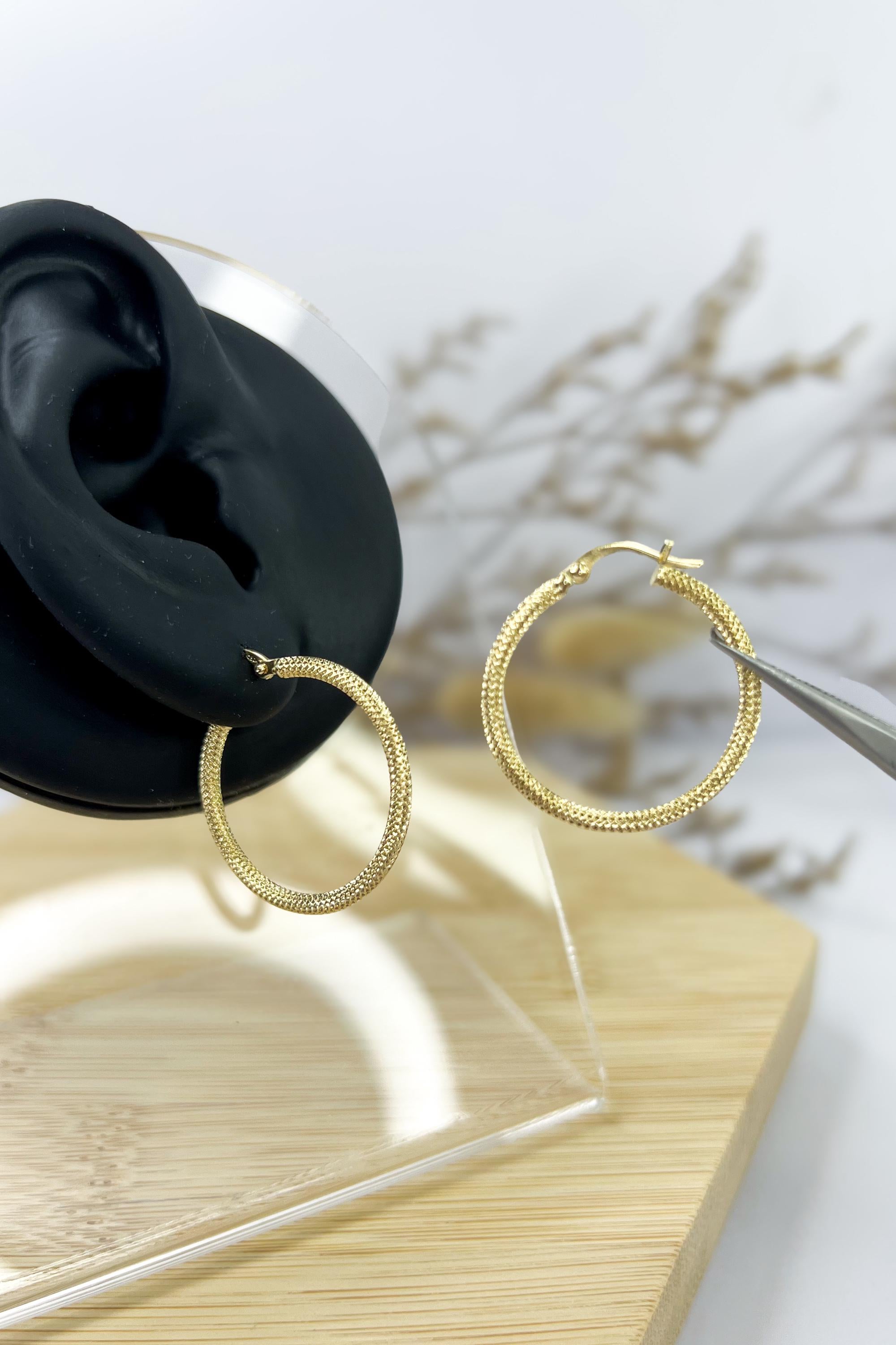18K Solid Gold Textured Hoop Earrings -16mm - Thick & Unique - Dailywear - Best gift for her - Ideal gift for her - Birthday Gift for Her