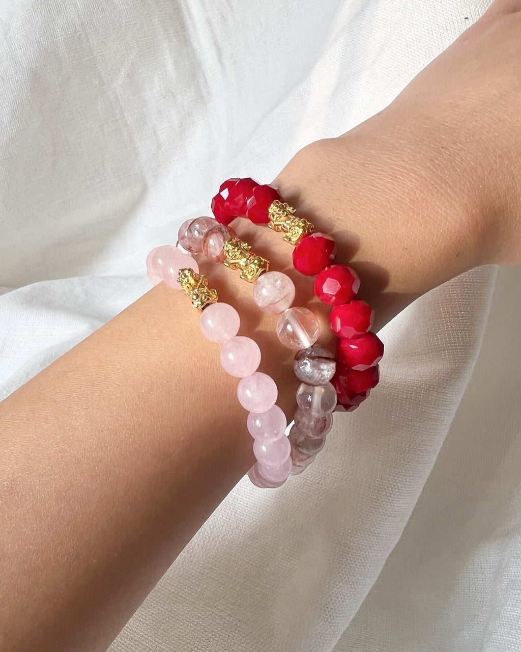 18K Gold Tiger Charm Bracelet, Rose Quartz, Red Coral, Lucky Gemstone Jewelry