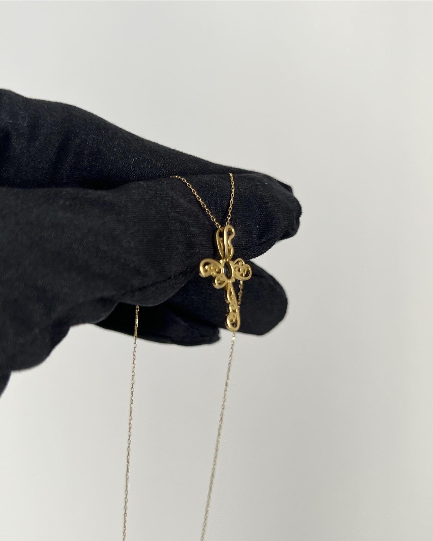 18K Solid Gold Cross Necklace, Diamond Sapphire, Dainty Religious Jewelry