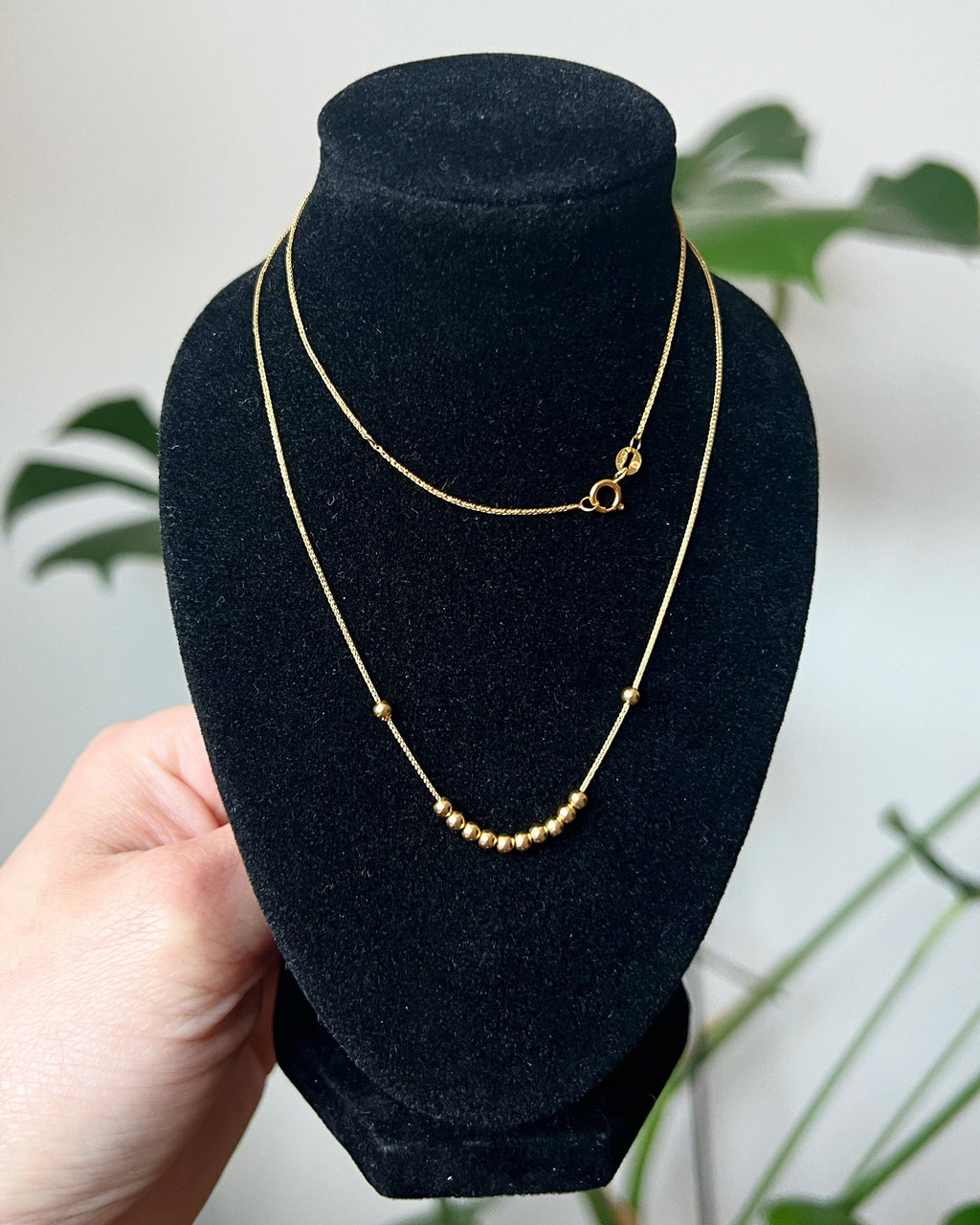 18K Yellow Gold Running Beads Necklace, Minimalist Dainty Chain, Solid Gold Jewelry