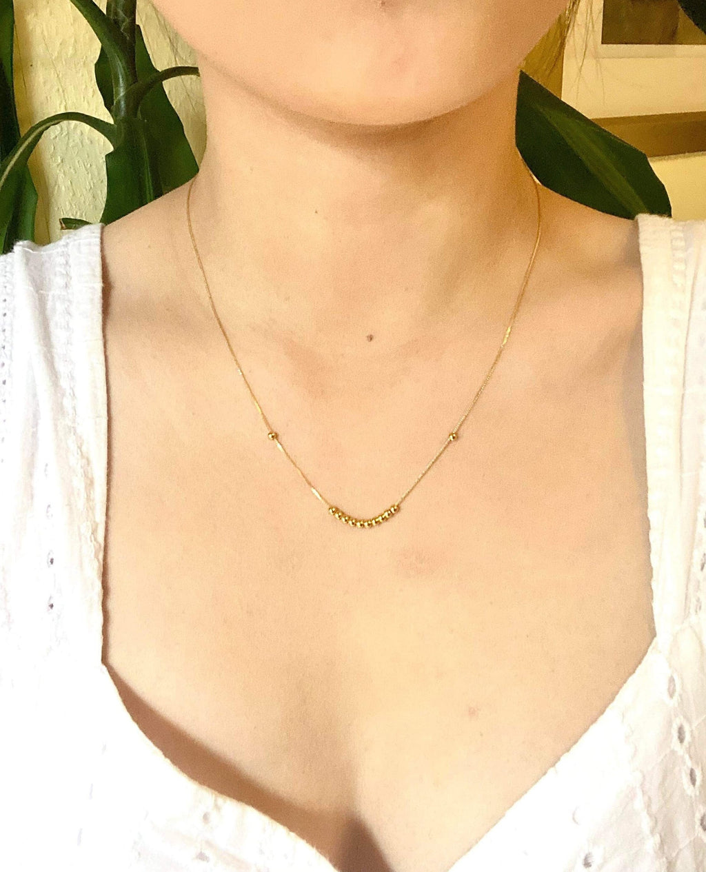 18K Yellow Gold Running Beads Necklace, Minimalist Dainty Chain, Solid Gold Jewelry