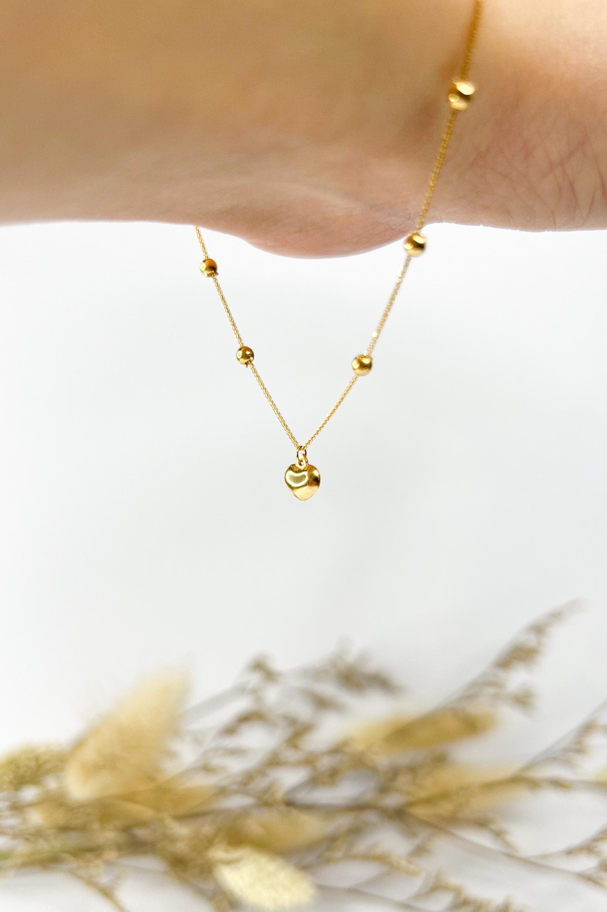 18K Solid Gold Beaded Heart Charm Bracelet, Minimalist Adjustable Jewelry