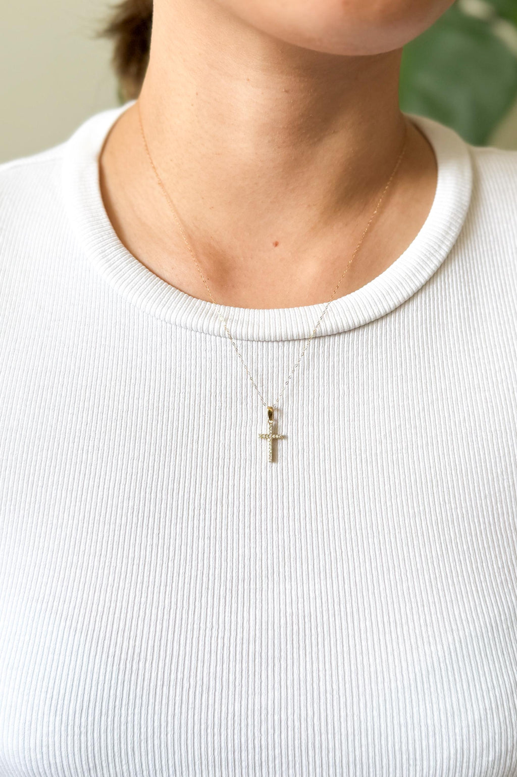18K Solid Gold Cross Necklace, Moissanite Multi-Gem Charms, Dainty Religious Jewelry