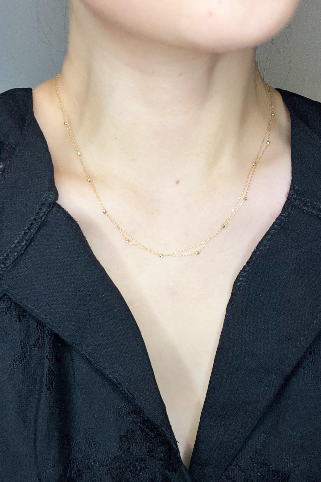 18K Solid Gold Double Strand Station Necklace, Dainty Layered Beaded Chain, Minimalist Jewelry