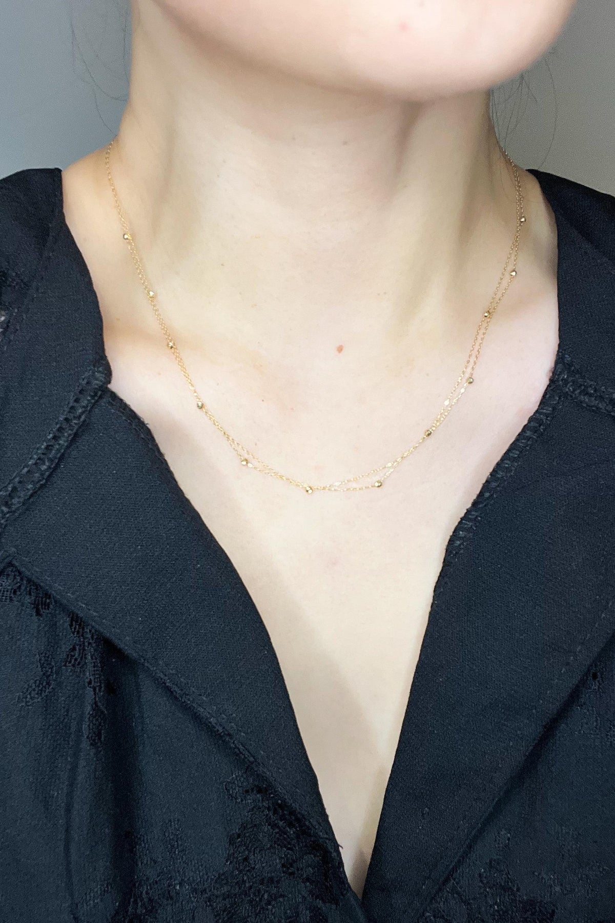 18K Solid Gold Double Strand Station Necklace, Dainty Layered Beaded Chain, Minimalist Jewelry