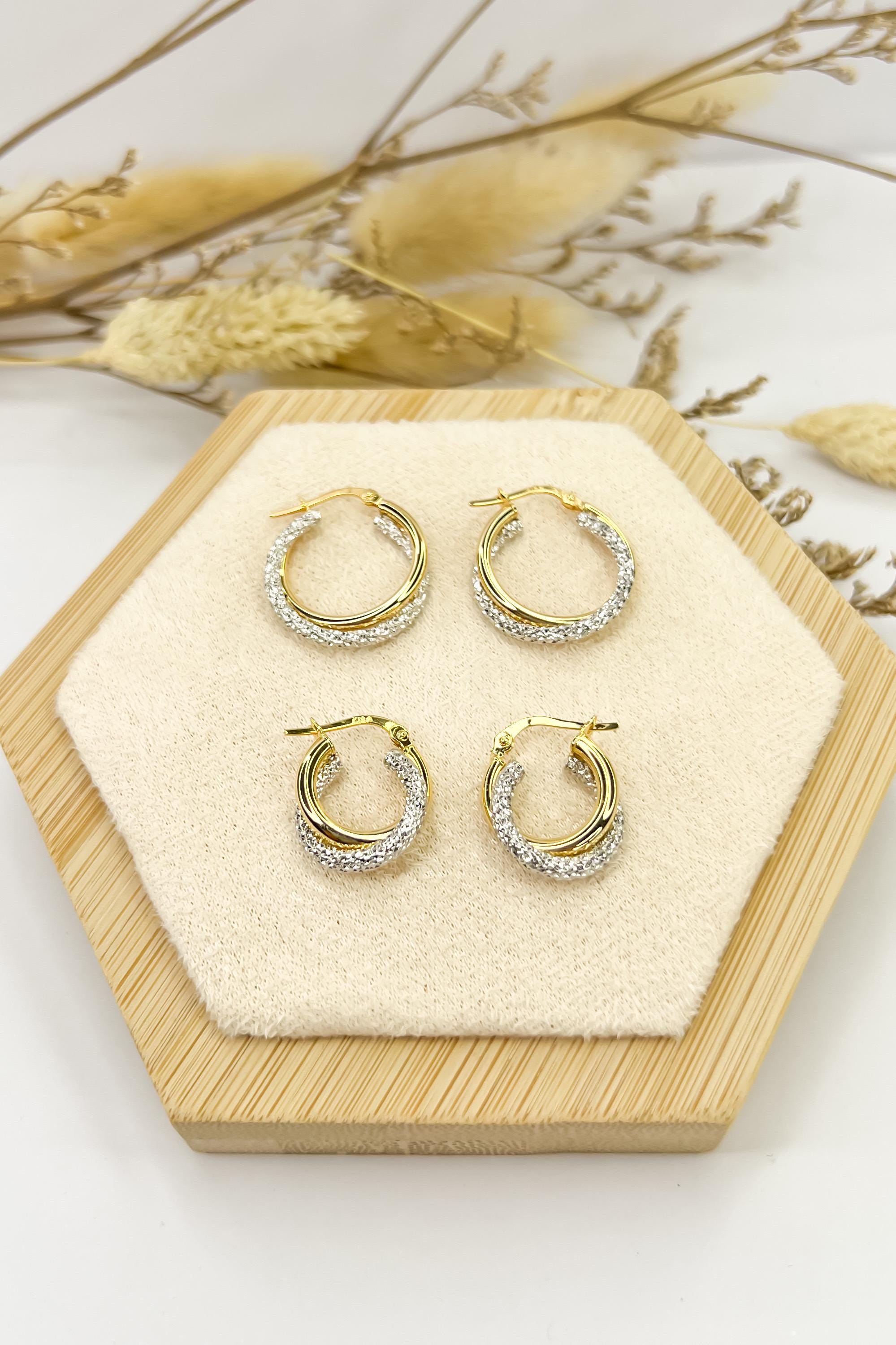 18K Solid Gold Two-Tone Hoop Earrings - Unique - Au750 - 15mm  Birthday Gift - Christmas Gift - Gift for Her - Bestseller Gift