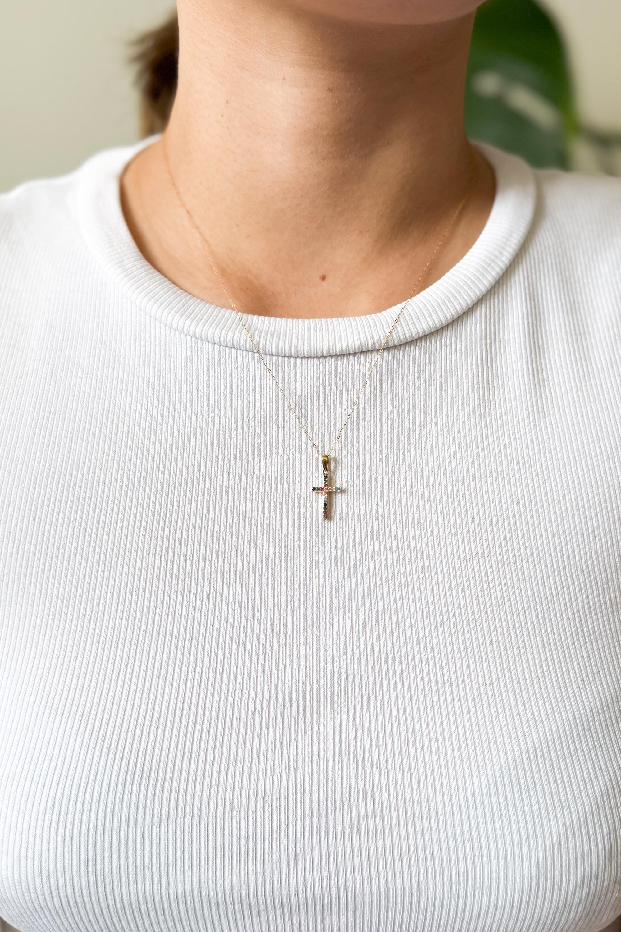 18K Solid Gold Cross Necklace, Moissanite Multi-Gem Charms, Dainty Religious Jewelry