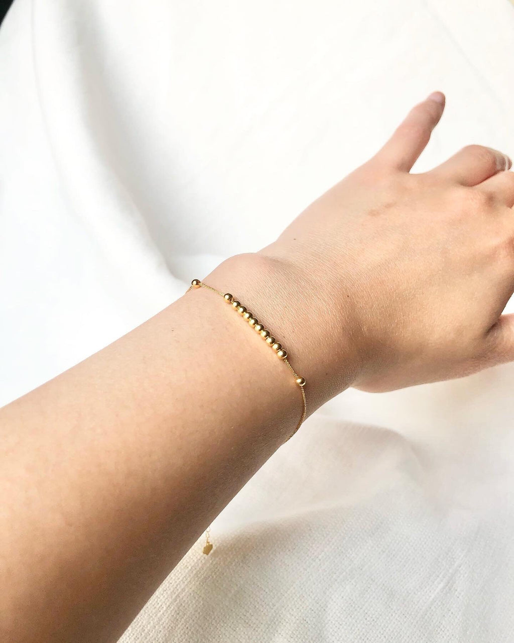 18K Solid Gold Running Beads Bracelet, Dainty Adjustable Minimalist Jewelry