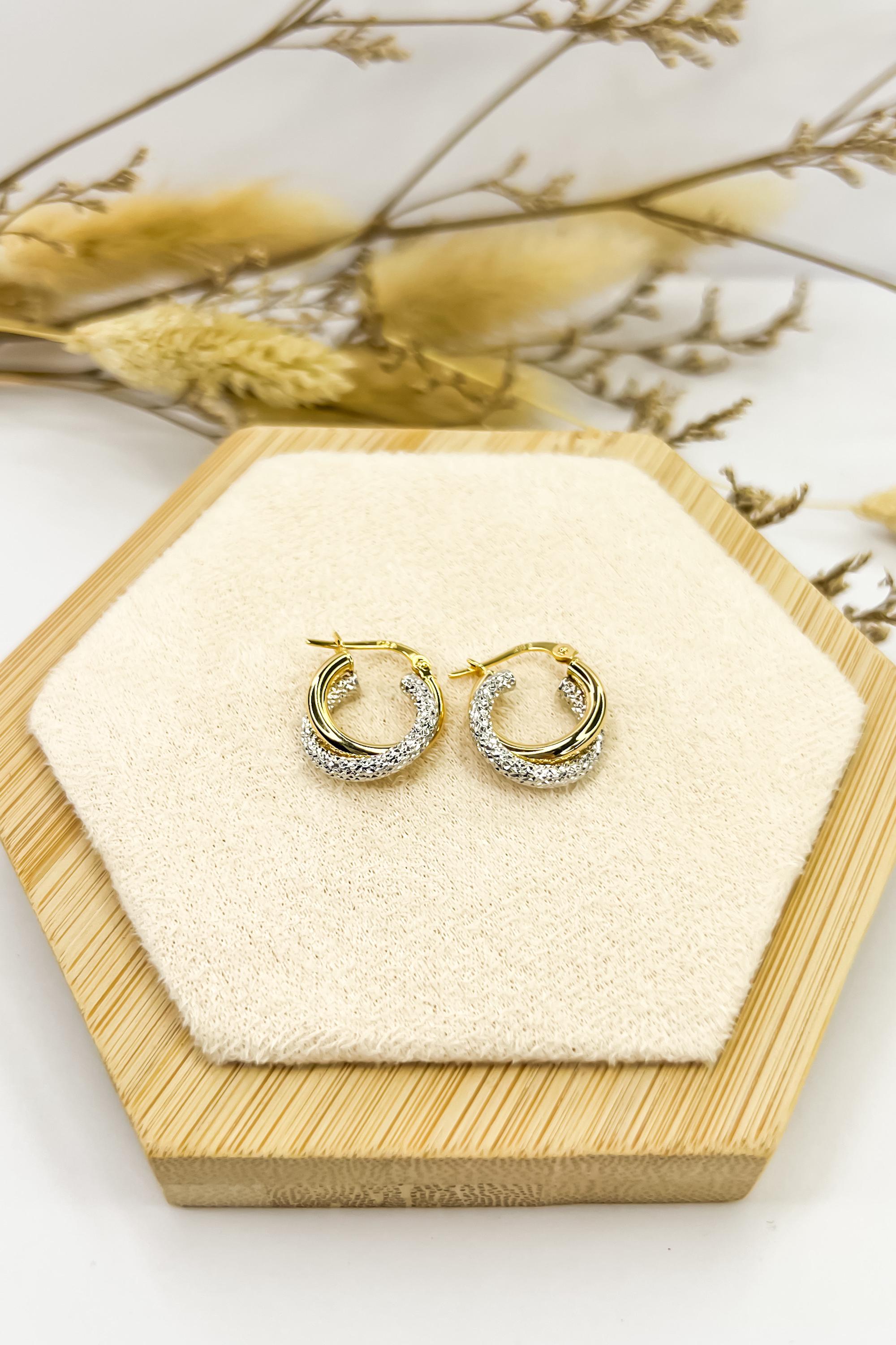 18K Solid Gold Two-Tone Hoop Earrings - Unique - Au750 - 15mm  Birthday Gift - Christmas Gift - Gift for Her - Bestseller Gift