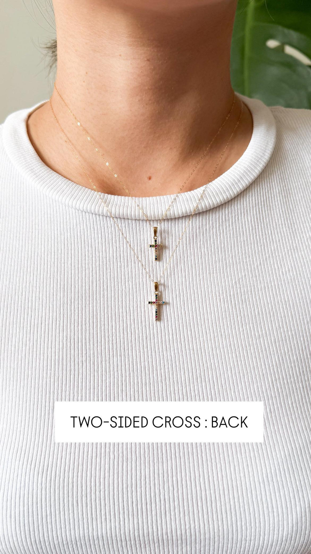 18K Solid Gold Cross Necklace, Moissanite Multi-Gem Charms, Dainty Religious Jewelry