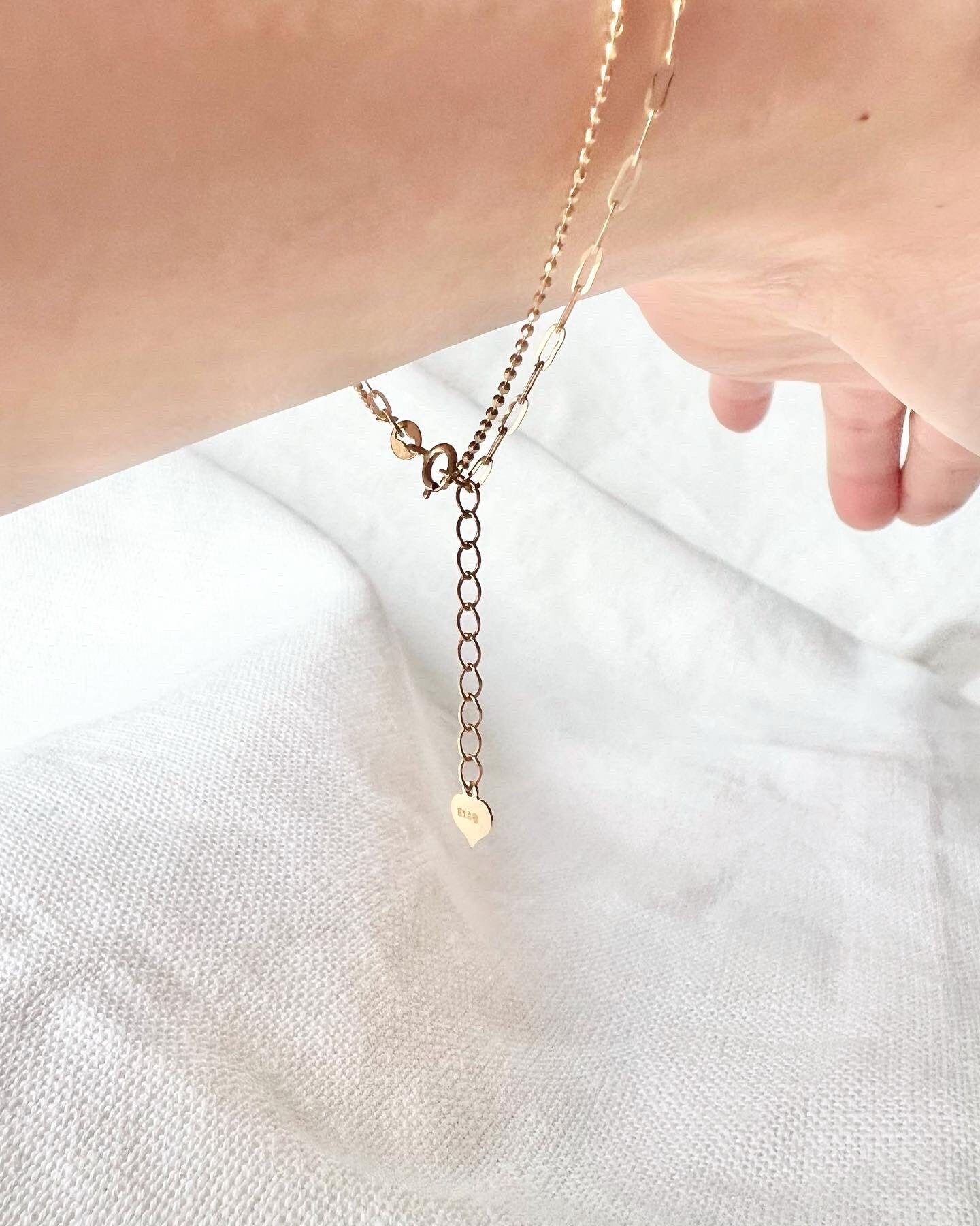18K Solid Gold Double Strand Paperclip Beaded Bracelet, Dainty Layered Minimalist Jewelry