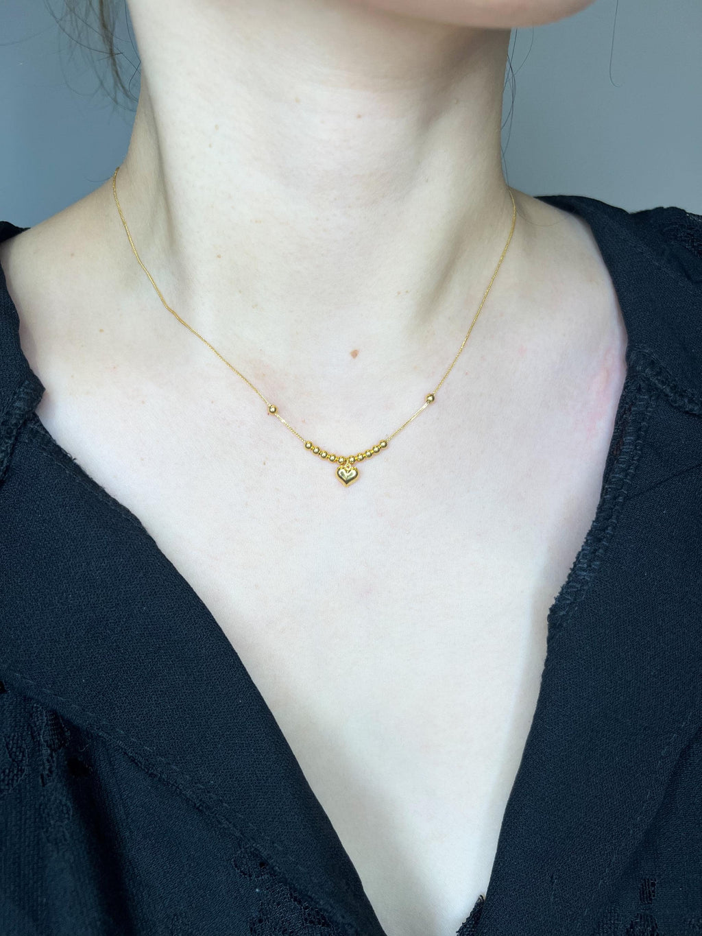 18K Solid Gold Heart Necklace, Beaded Chain, Non- Adjustable Length, Au750 Hallmark