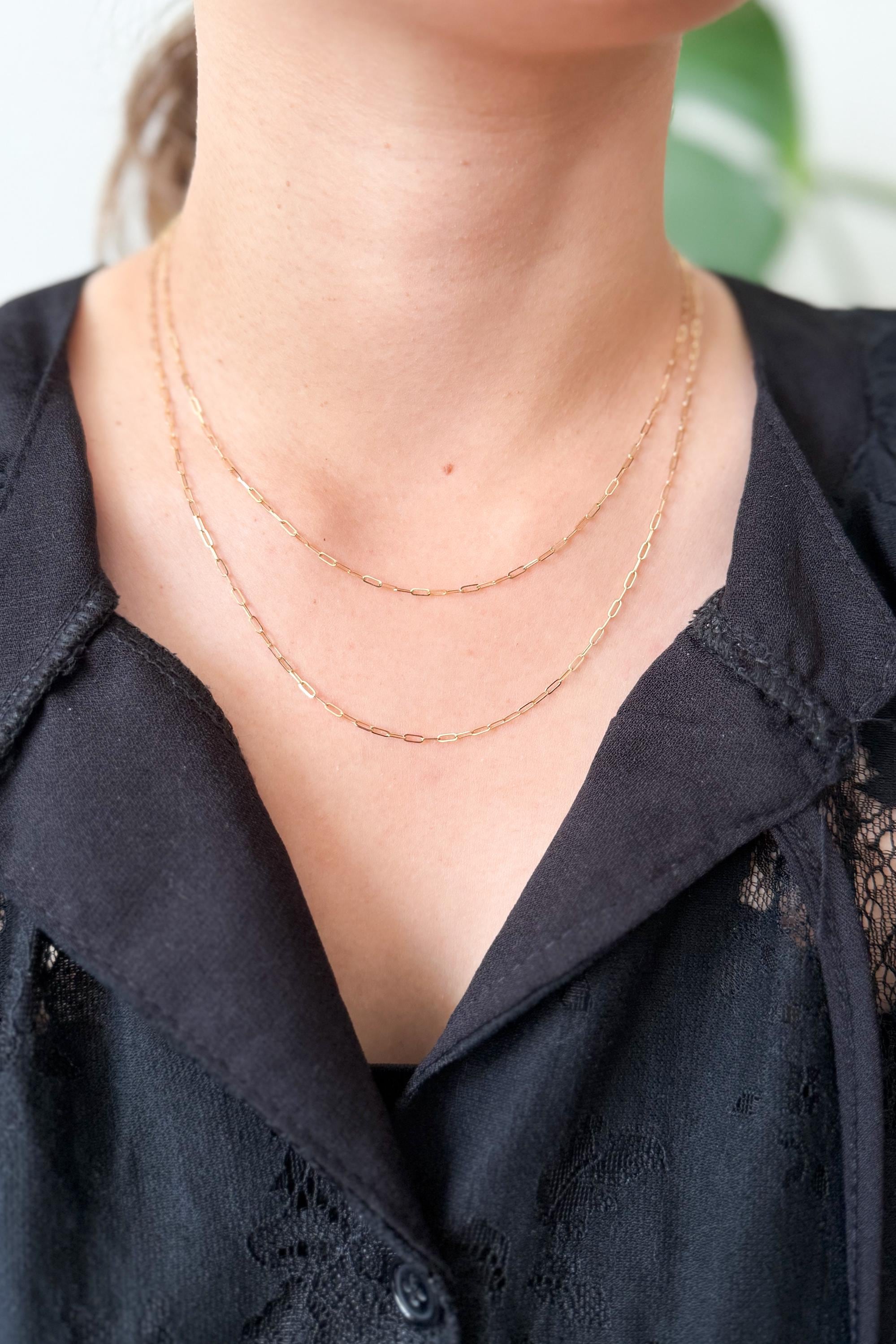 18K Solid Gold Paperclip Chain Necklace, Minimalist Dainty Layering Jewelry