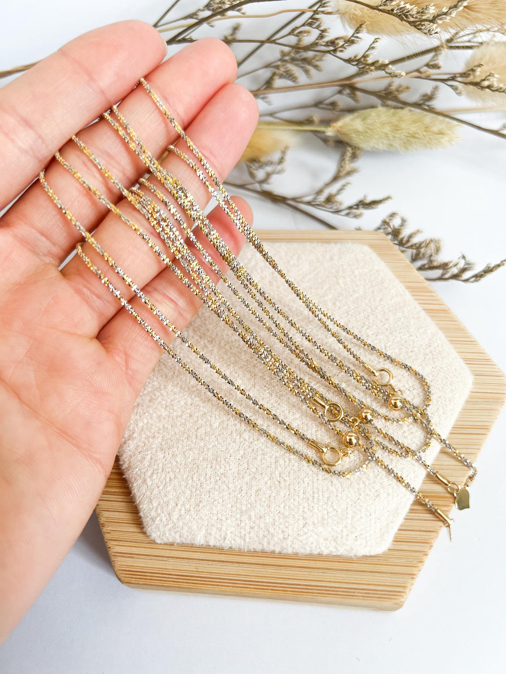 18K Solid Gold Two-Tone Sparkly Necklace, Adjustable Chain, Minimalist Layering Jewelry