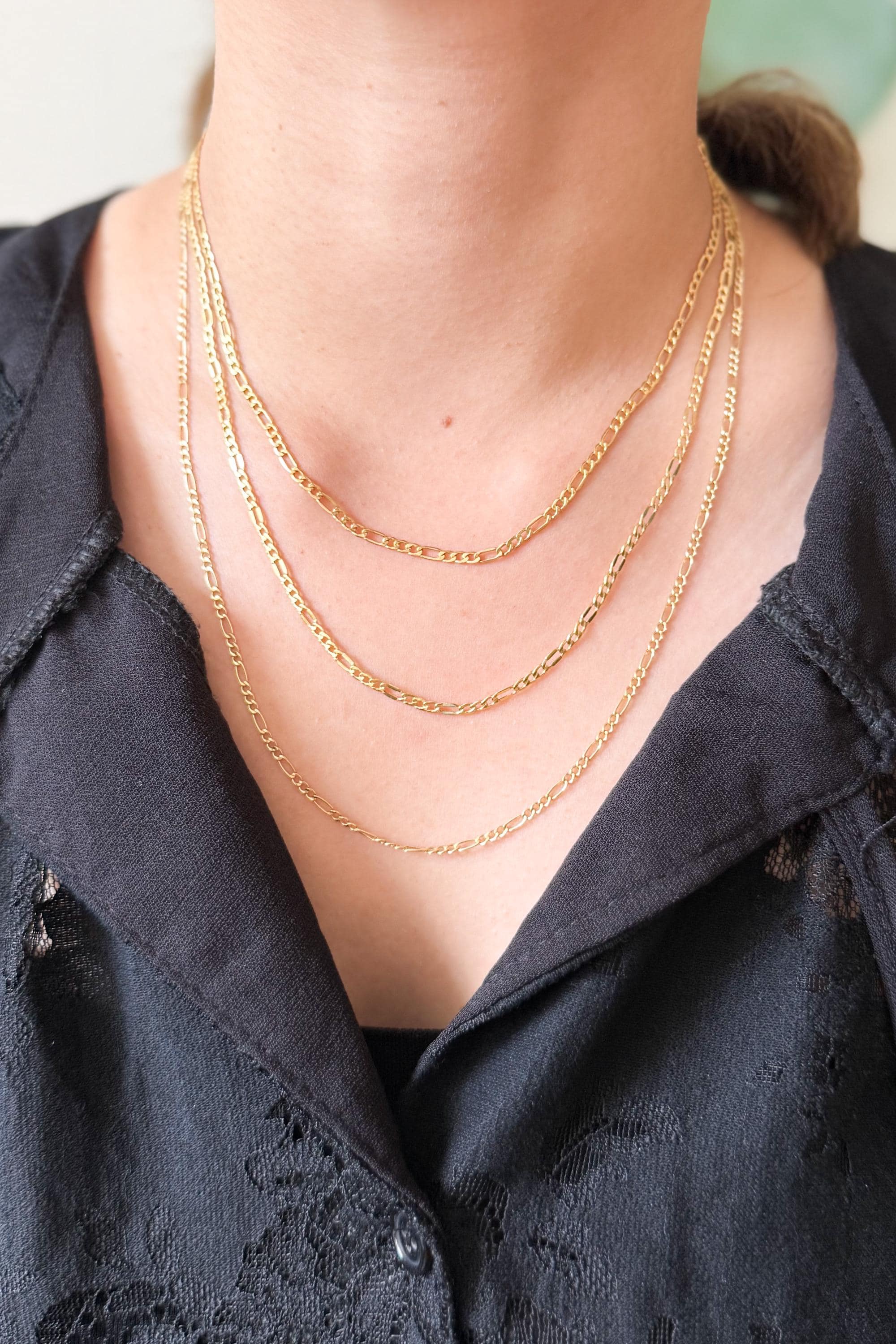 18K Solid Gold Figaro Necklace Chain, Minimalist Jewelry, Adjustable Length