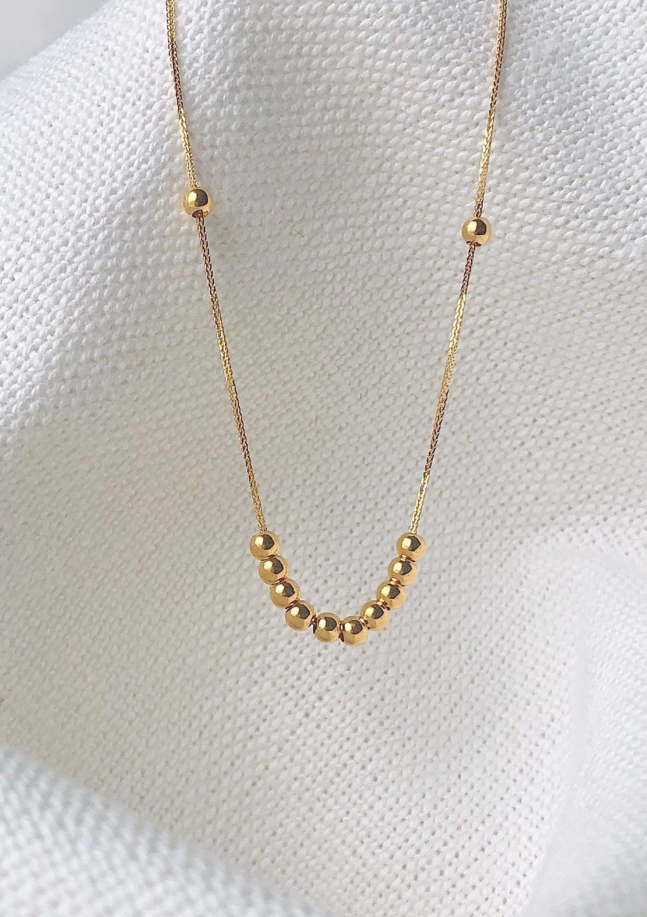 18K Yellow Gold Running Beads Necklace, Minimalist Dainty Chain, Solid Gold Jewelry