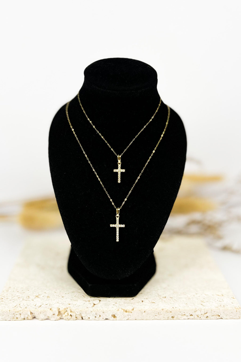 18K Solid Gold Cross Necklace, Moissanite Multi-Gem Charms, Dainty Religious Jewelry