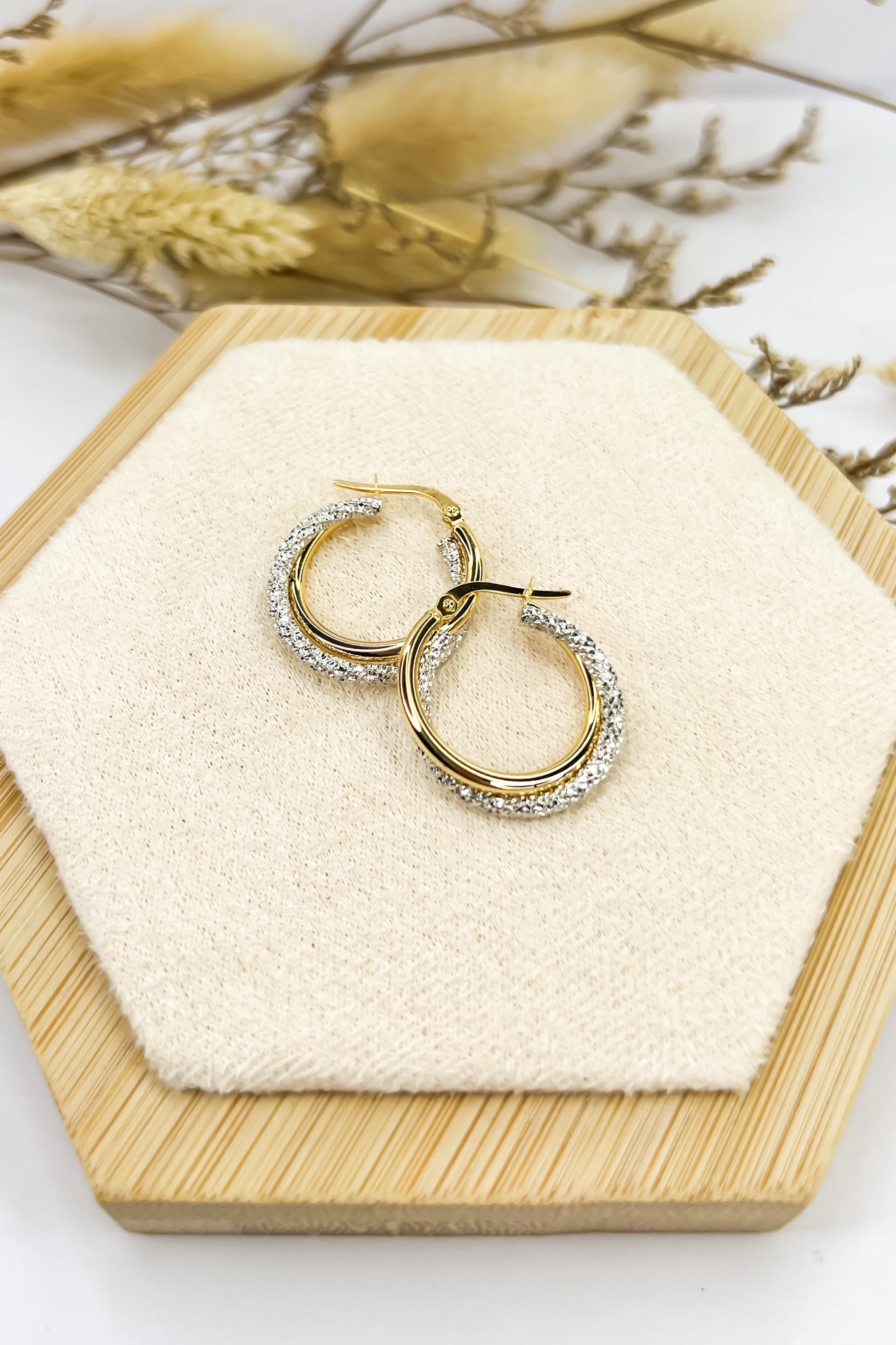18K Solid Gold Two-Tone Hoop Earrings - Unique - Au750 - 20mm or 15mm - Birthday Gift - Christmas Gift - Gift for Her - Bestseller Gift