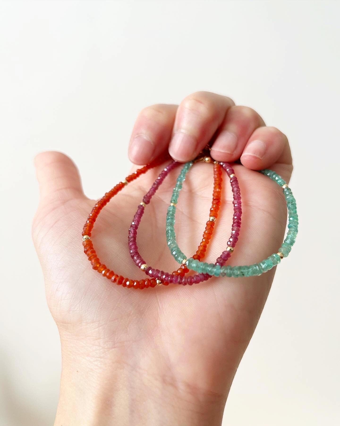 18K Gold Emerald Ruby Carnelian Beaded Bracelet, Dainty Natural Gemstone Jewelry