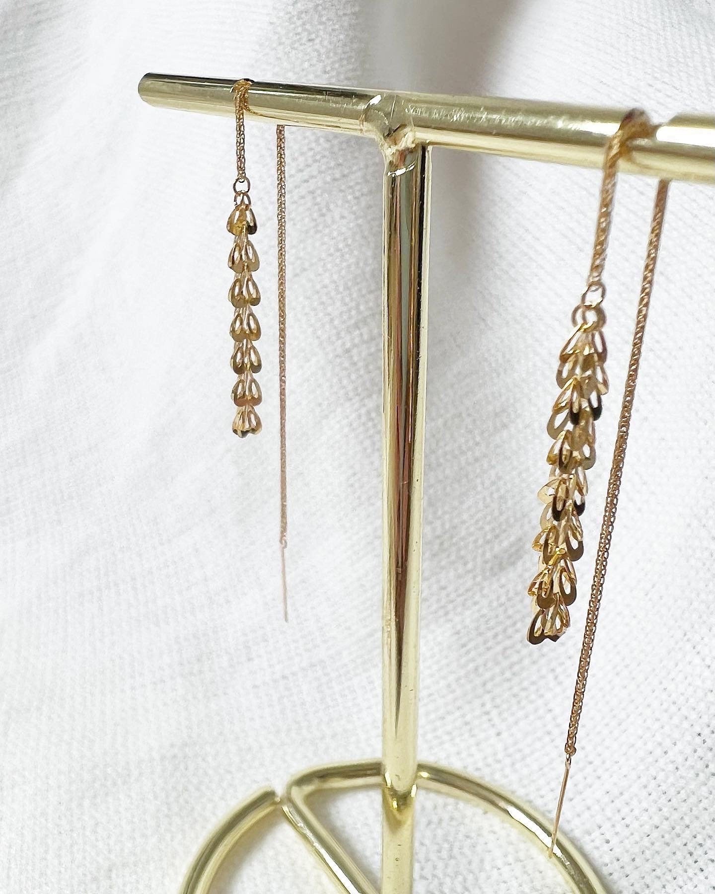 18K Solid Gold Threader Earrings: Petite Dangle Chain