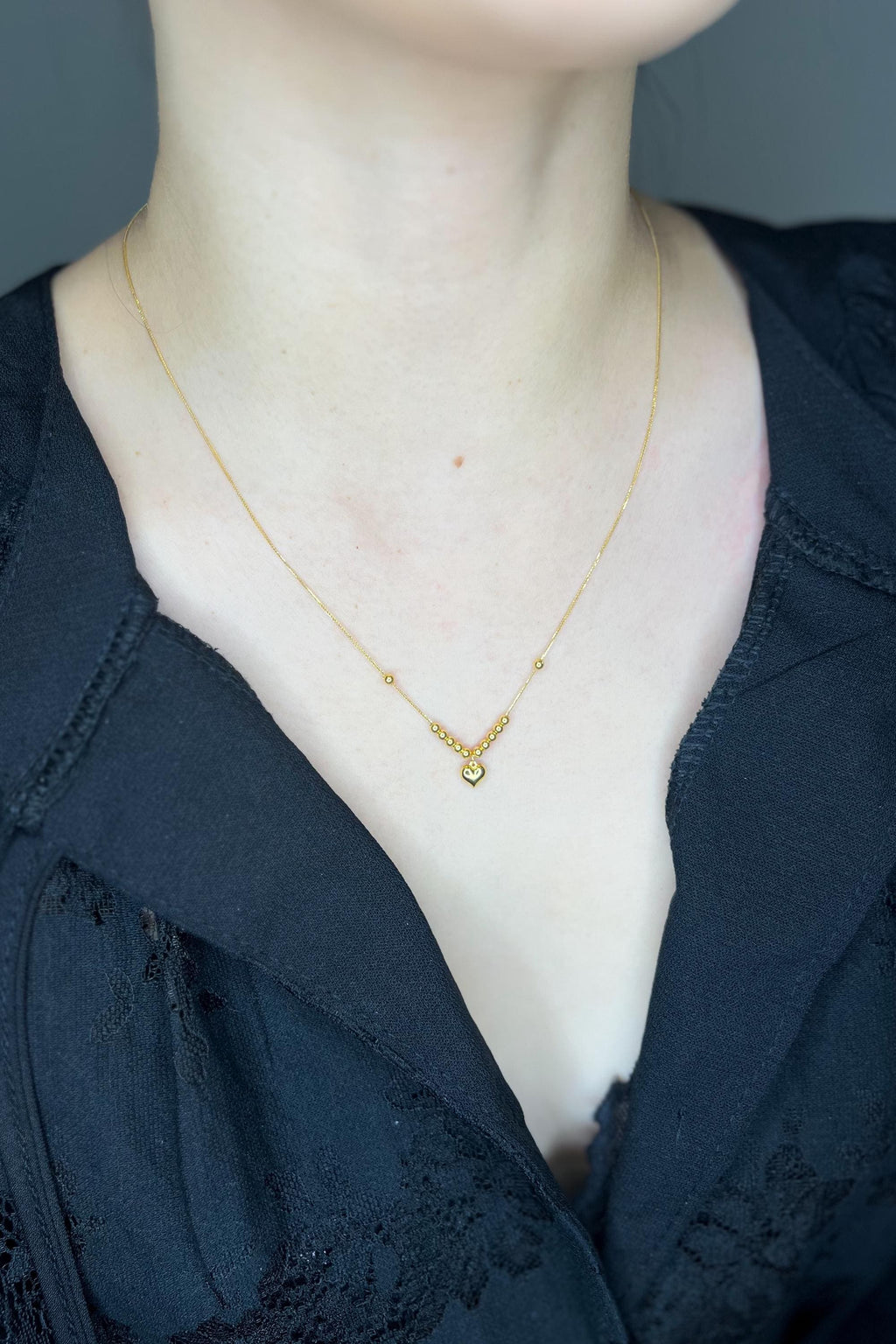 18K Solid Gold Heart Necklace, Beaded Chain, Non- Adjustable Length, Au750 Hallmark