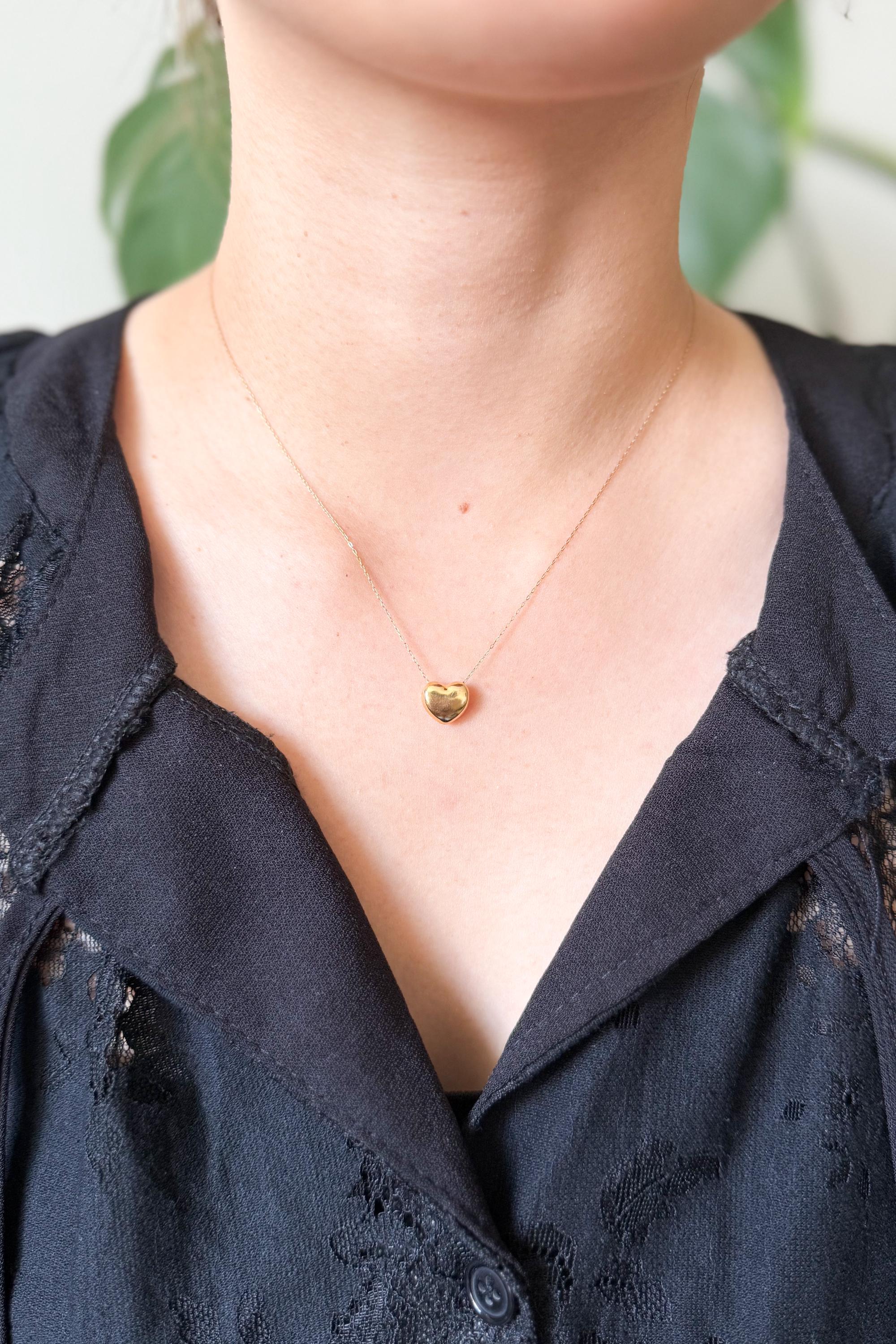 18K Solid Gold Puff Heart Necklace, Dainty 10mm Pendant, Minimalist Jewelry