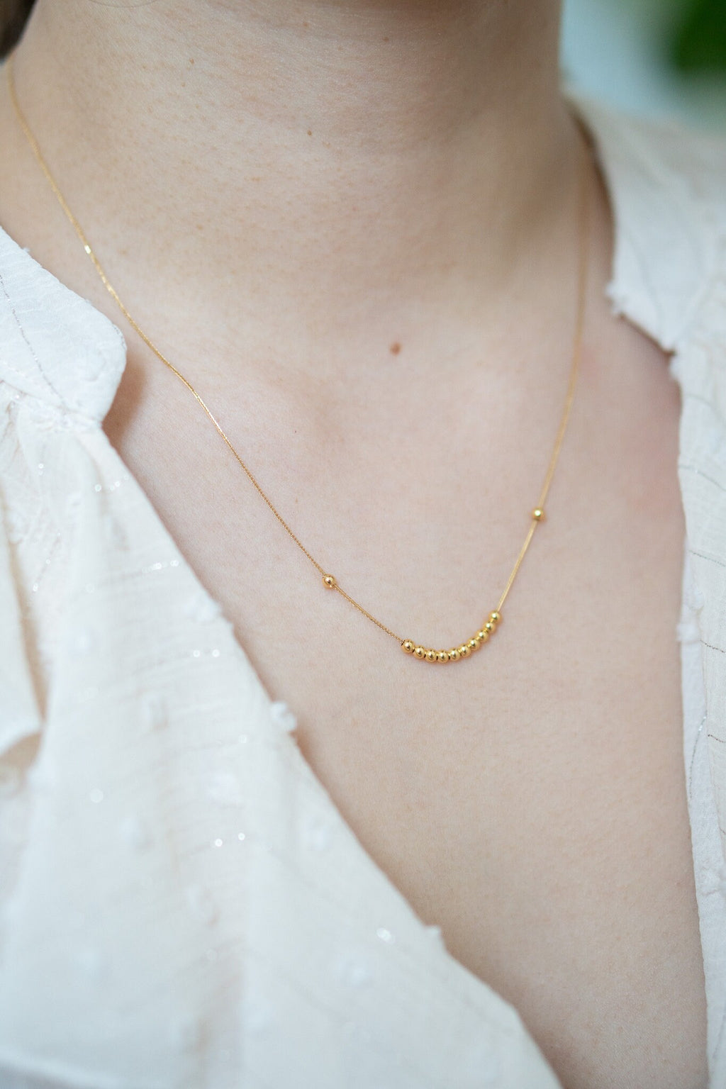 18K Solid Gold Beaded Necklace, Dainty Centerpiece Necklace, Minimalist Gold Chain, Petite Non Adjustable Necklace, Gift for Her