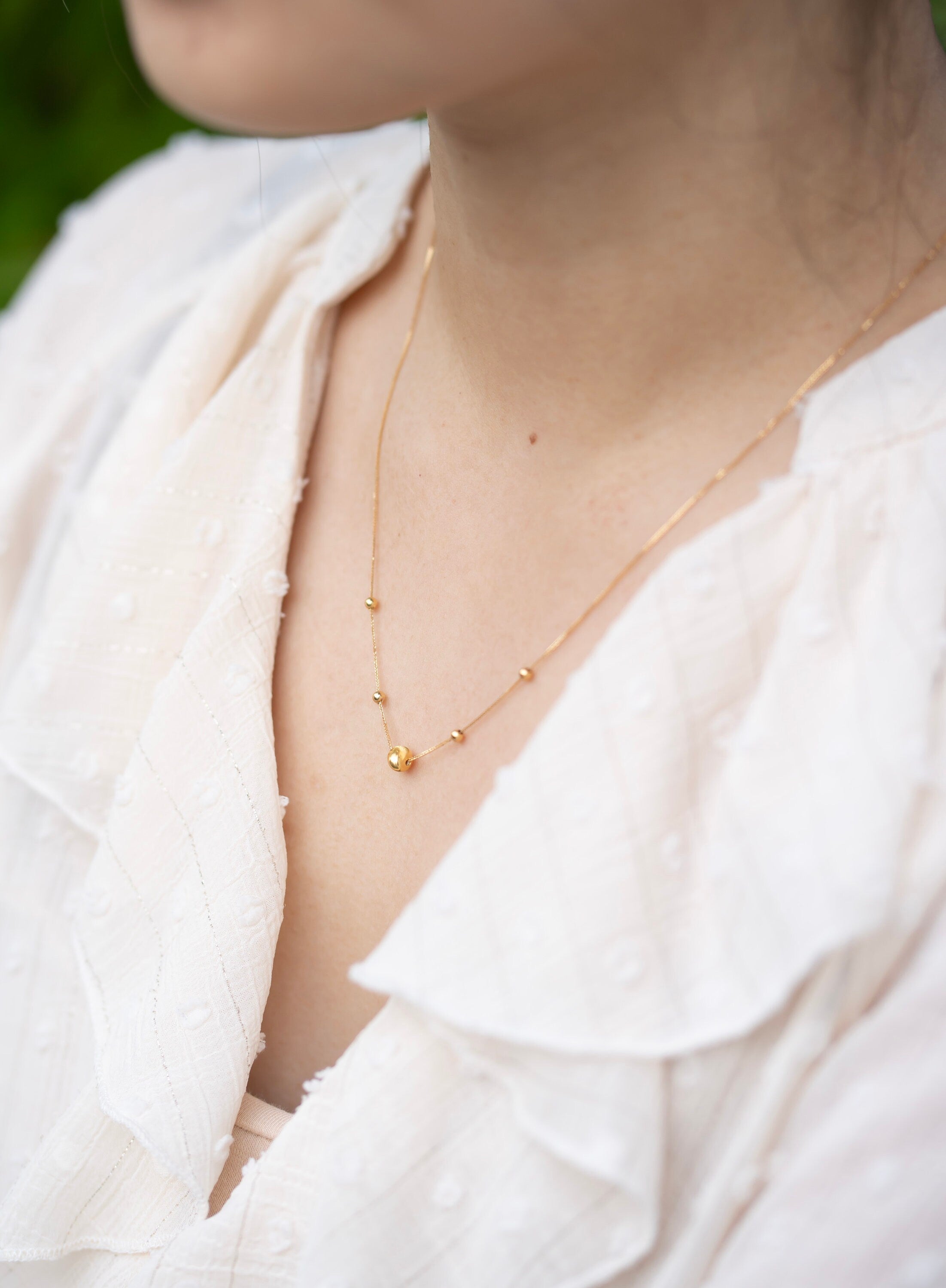 18K Solid Gold Beaded Eyelet Necklace, Dainty Gold Chain Necklace, Adjustable Minimalist Layering Necklace, Gift for Her