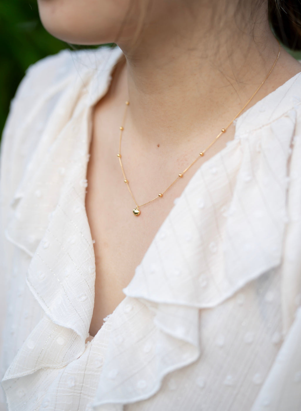 18K Solid Gold Heart Necklace, Beaded Ball Chain Necklace, Adjustable Dainty Gold Necklace, Gift for Her