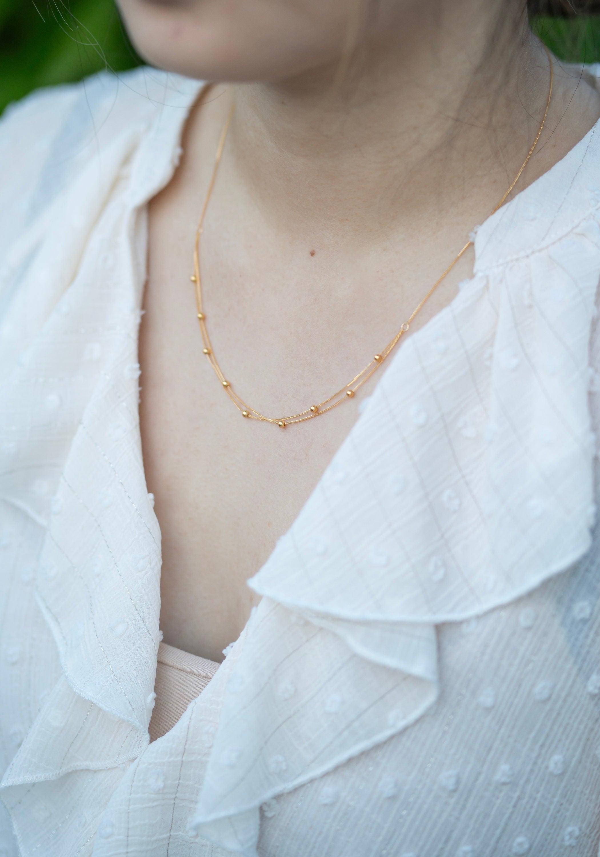 18K Solid Gold Beaded Necklace, Dainty Gold Chain Necklace, Minimalist Layering Necklace, Gift for Her, Au750 Gold Necklace