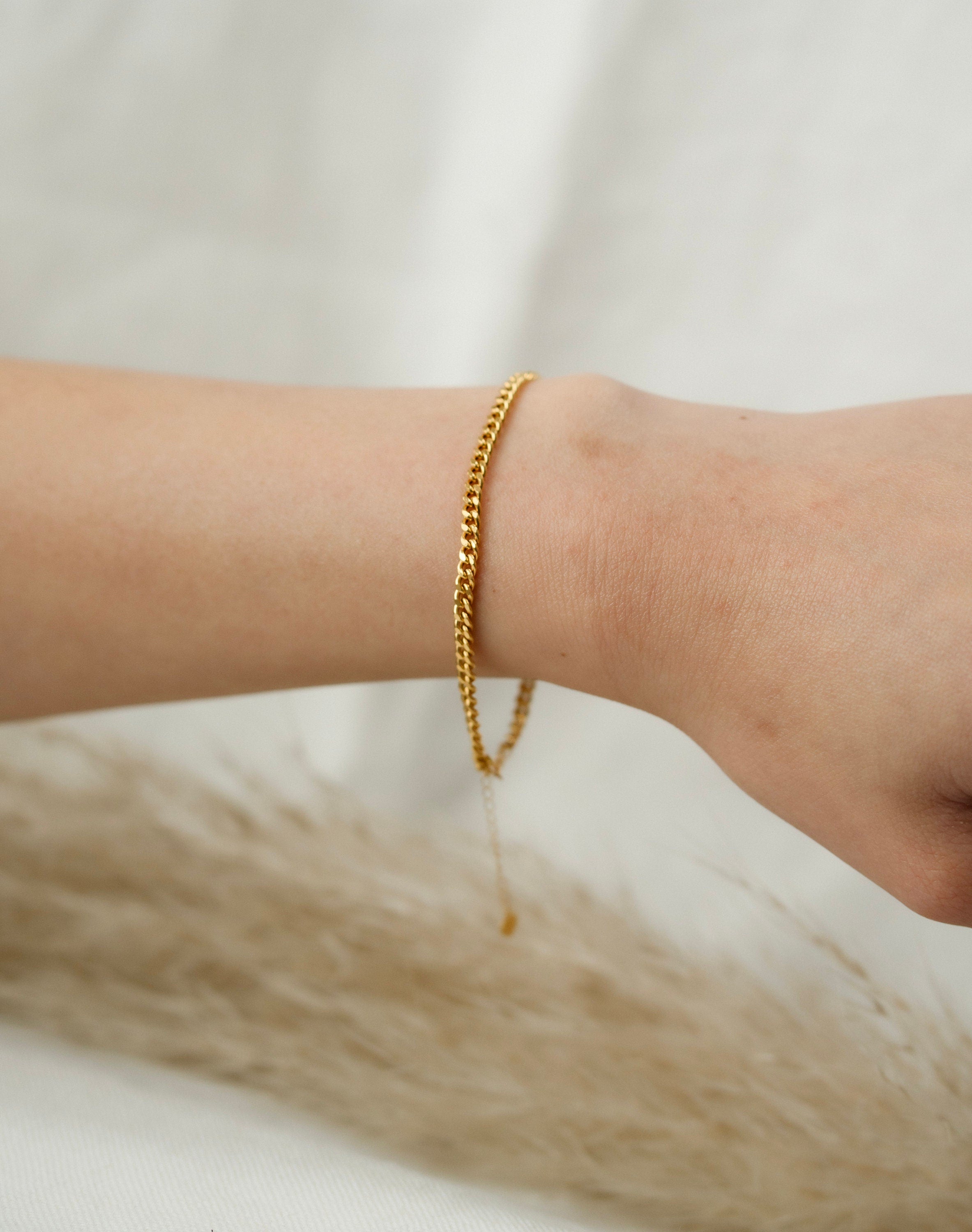 18K Solid Gold Curb Bracelet, Adjustable Gold Chain Bracelet, Dainty Minimalist Bracelet, Gift for Her