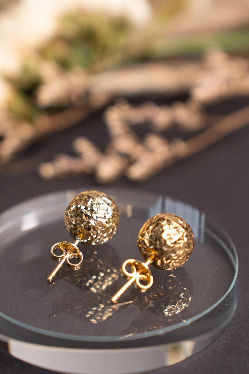 18K Solid Gold Ball Stud Earrings, 10mm Sparkly Gold Studs, Dainty Minimalist Earrings, Gift for Her