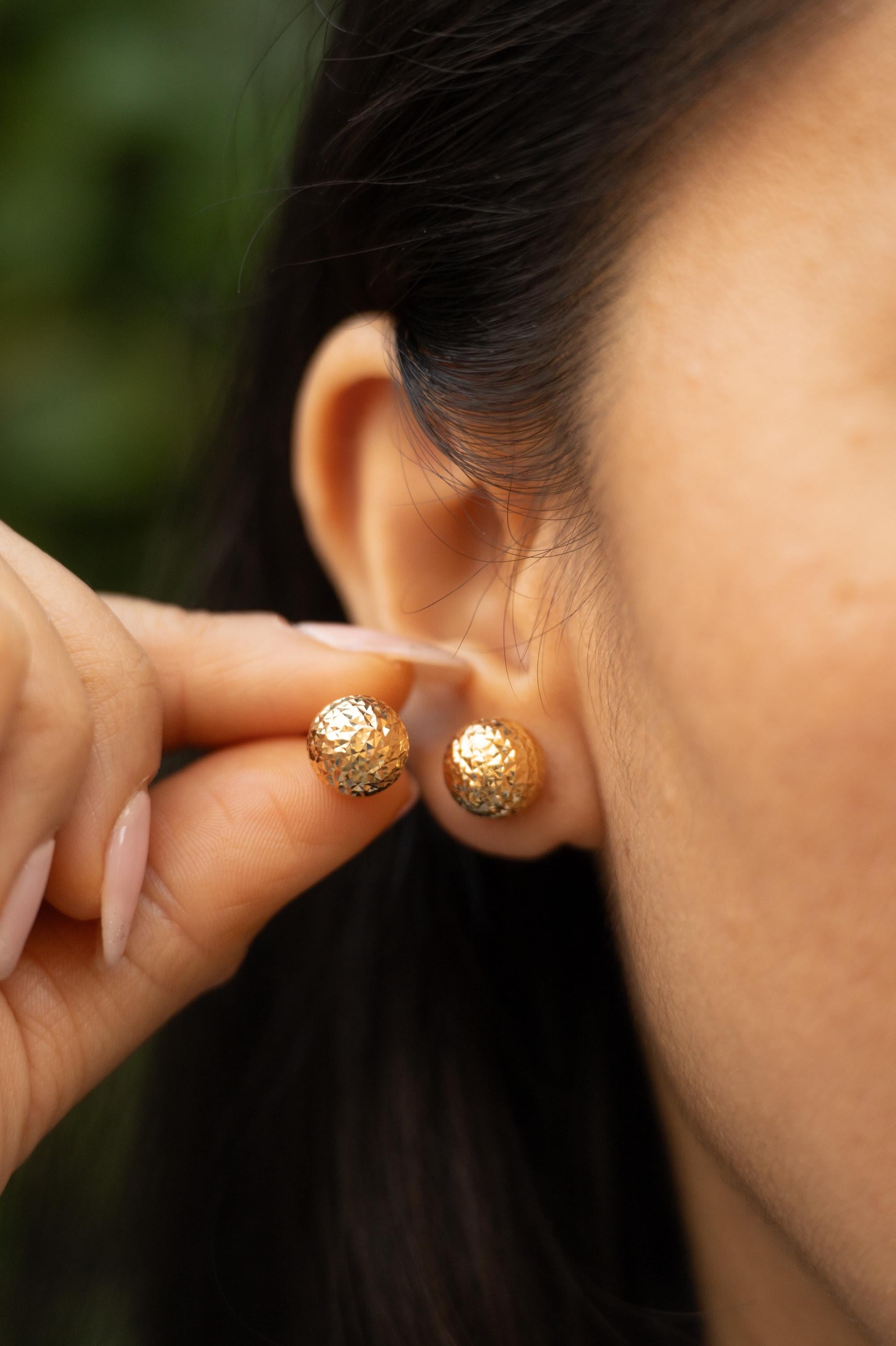 18K Solid Gold Ball Stud Earrings, 10mm Sparkly Gold Studs, Dainty Minimalist Earrings, Gift for Her