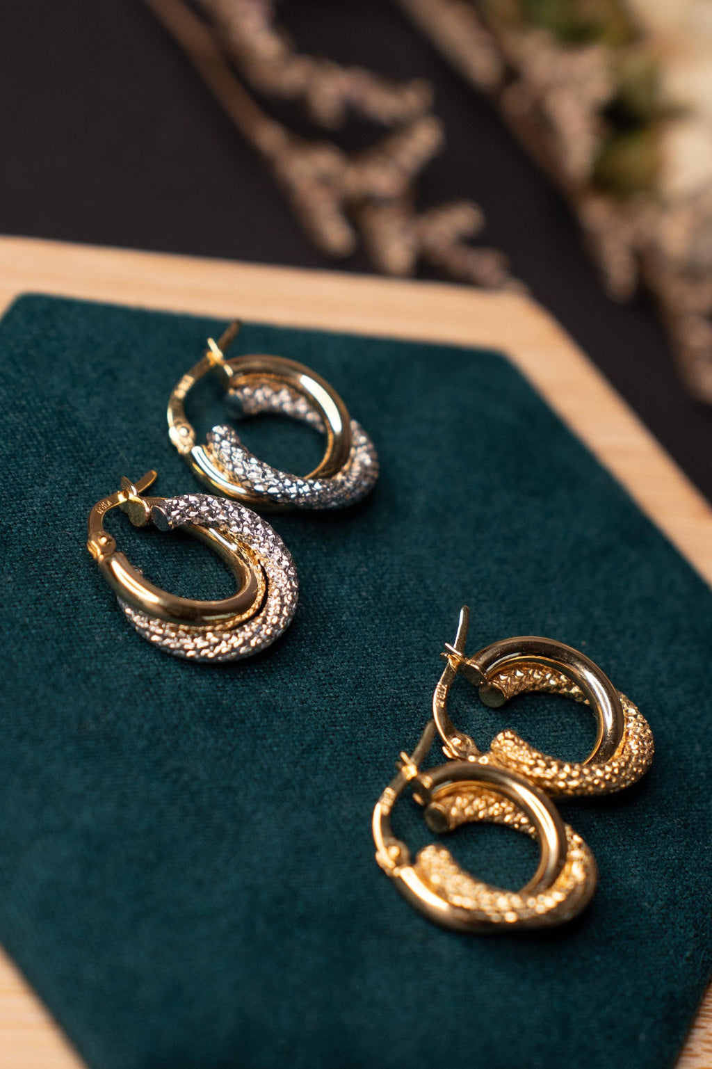 18K Solid Gold Hoop Earrings, Two Tone Textured Gold Hoops, Statement Minimalist Earrings, Gift for Her