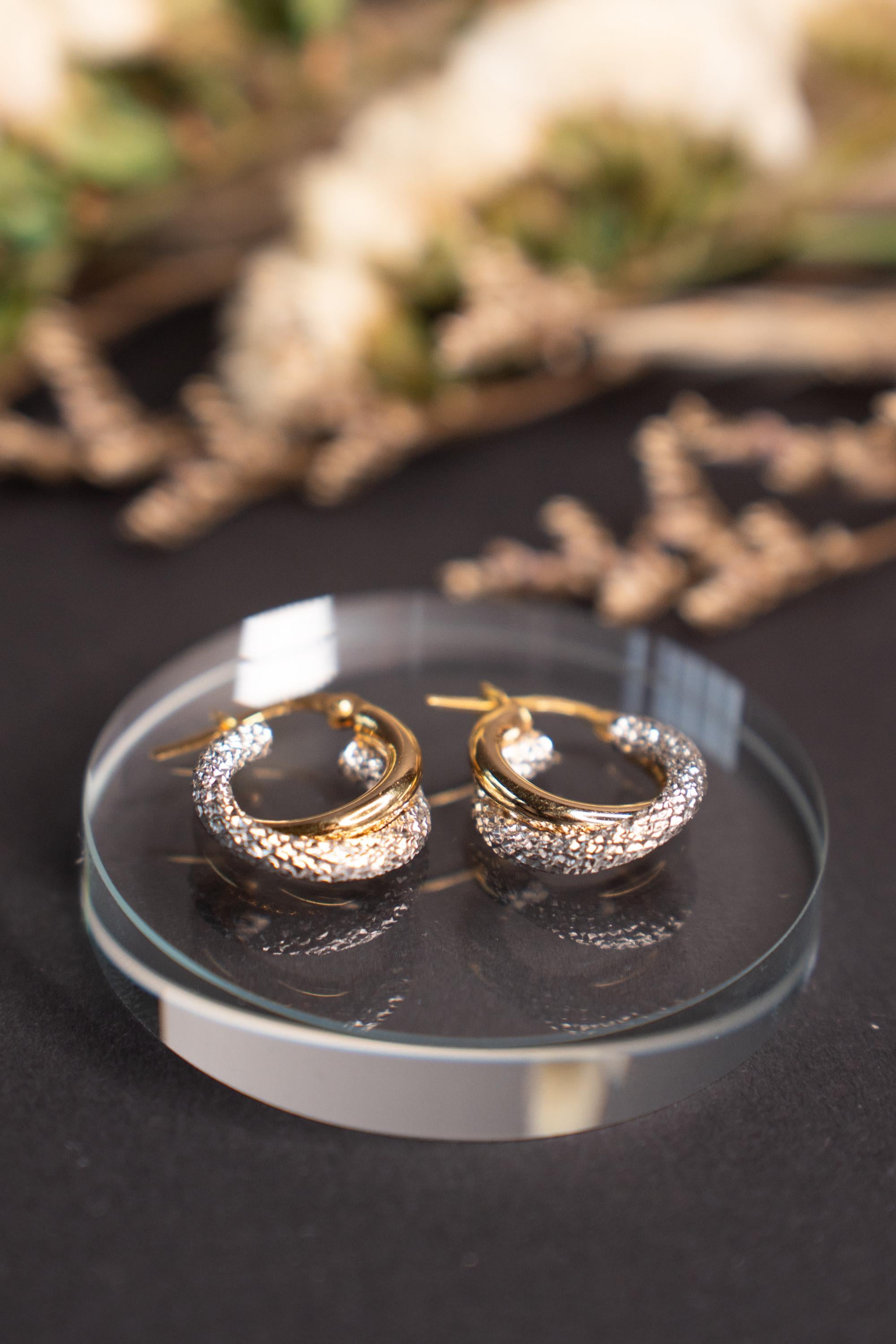 18K Solid Gold Hoop Earrings, Two Tone Hoop Earrings, Textured Gold Hoops, Minimalist Statement Earrings, Gift for Her