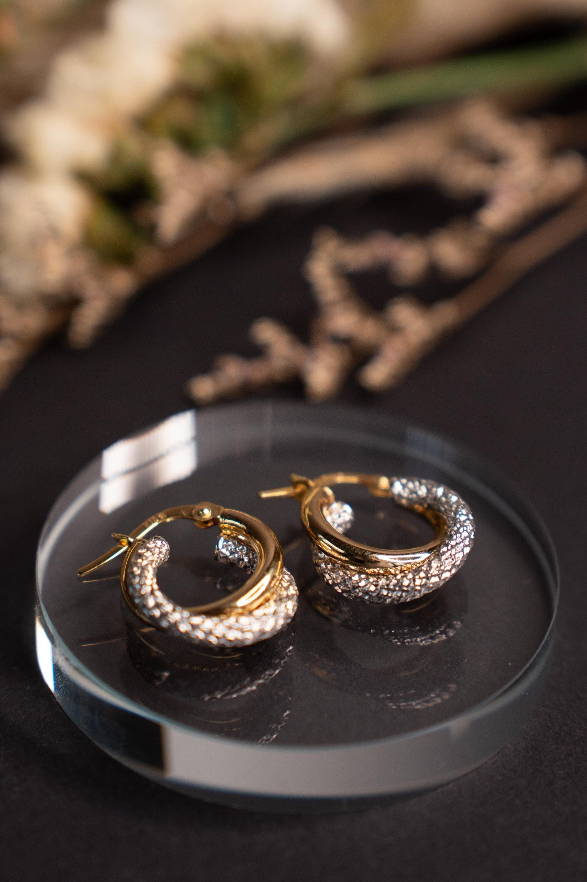 18K Solid Gold Hoop Earrings, Two Tone Hoop Earrings, Textured Gold Hoops, Minimalist Statement Earrings, Gift for Her