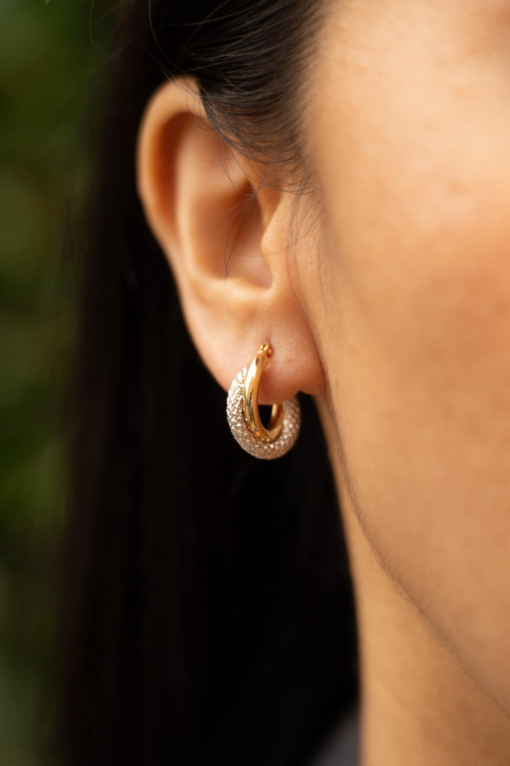 18K Solid Gold Hoop Earrings, Two Tone Hoop Earrings, Textured Gold Hoops, Minimalist Statement Earrings, Gift for Her