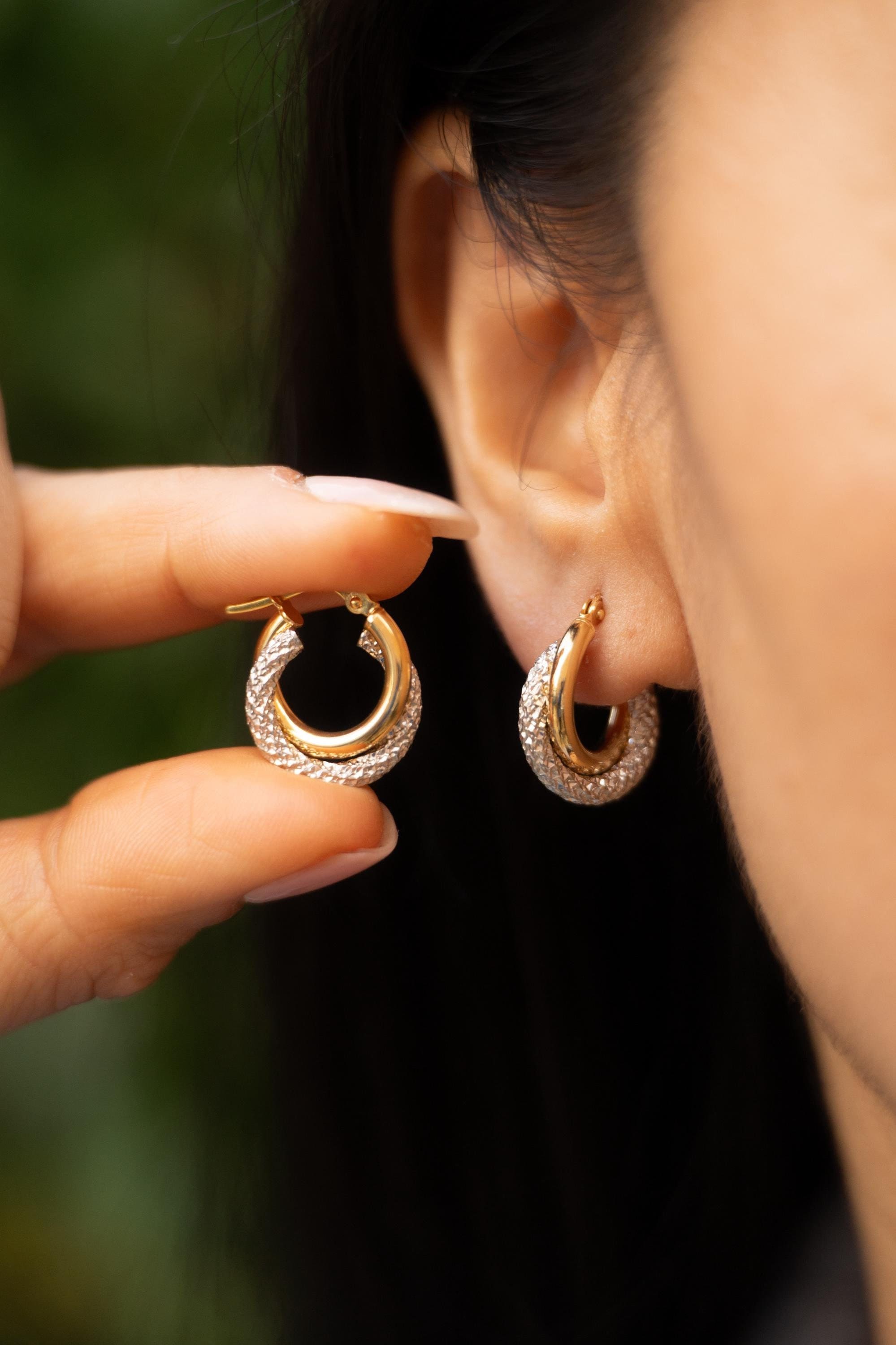 18K Solid Gold Hoop Earrings, Two Tone Hoop Earrings, Textured Gold Hoops, Minimalist Statement Earrings, Gift for Her