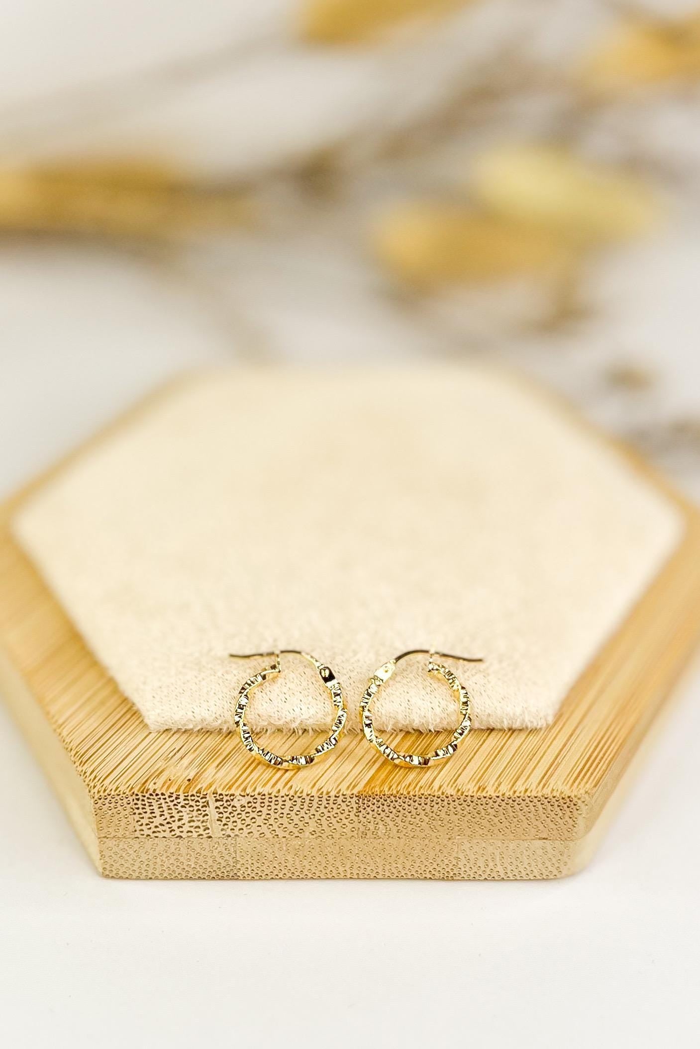 18K Solid Gold Twisted Hoop Earrings 13.5mm, Dainty Gold Hoops, Minimalist Rope Twist Earrings, Small Everyday Jewelry, Gift for Her