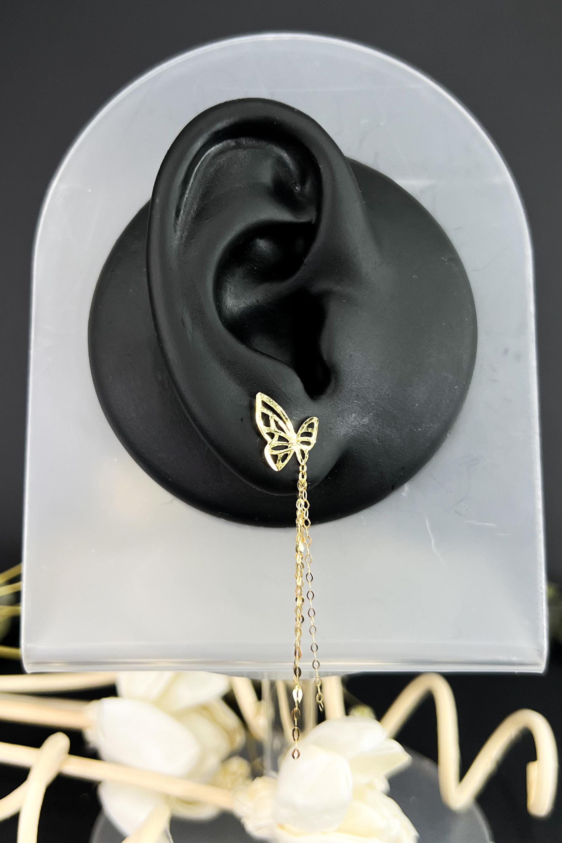 18K Solid Gold Butterfly Earrings, Dainty Butterfly Dangle Earrings, Minimalist Gold Drop Earrings, Delicate Jewelry Gift for Her