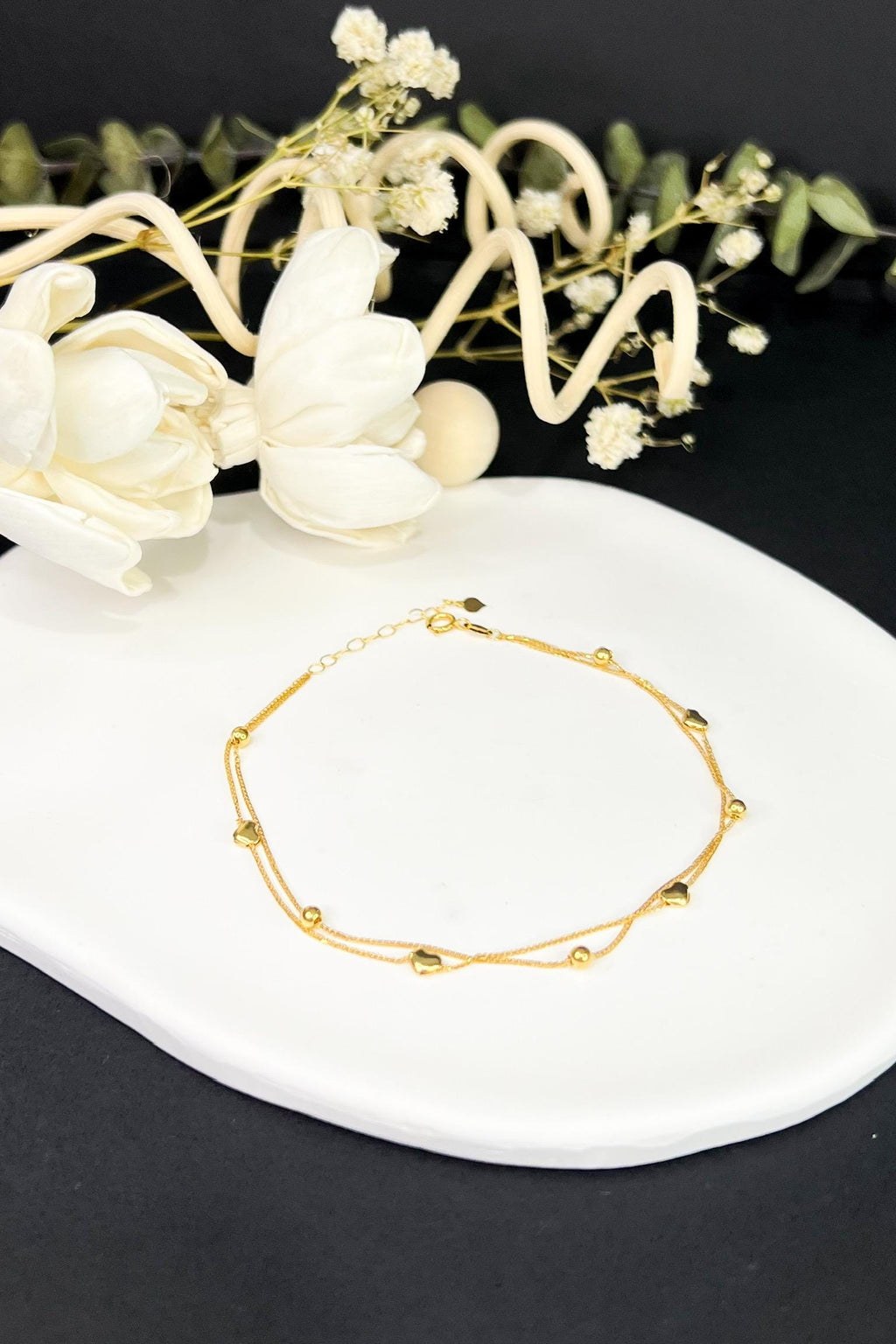 18K Solid Gold Heart Bracelet, Double Strand Beaded Bracelet, Adjustable Gold Chain, Dainty Minimalist Jewelry, Gift for Her