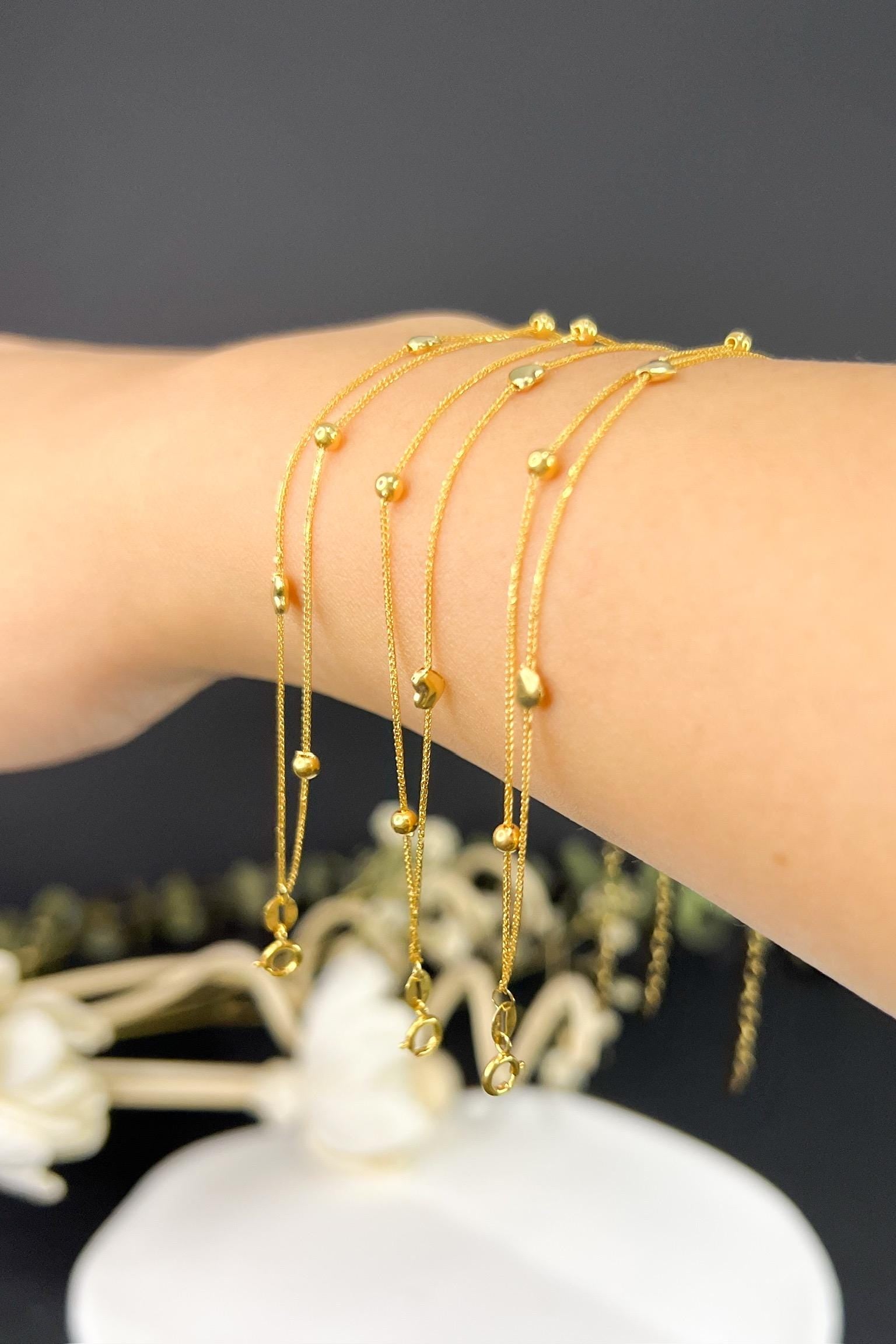 18K Solid Gold Heart Bracelet, Double Strand Beaded Bracelet, Adjustable Gold Chain, Dainty Minimalist Jewelry, Gift for Her