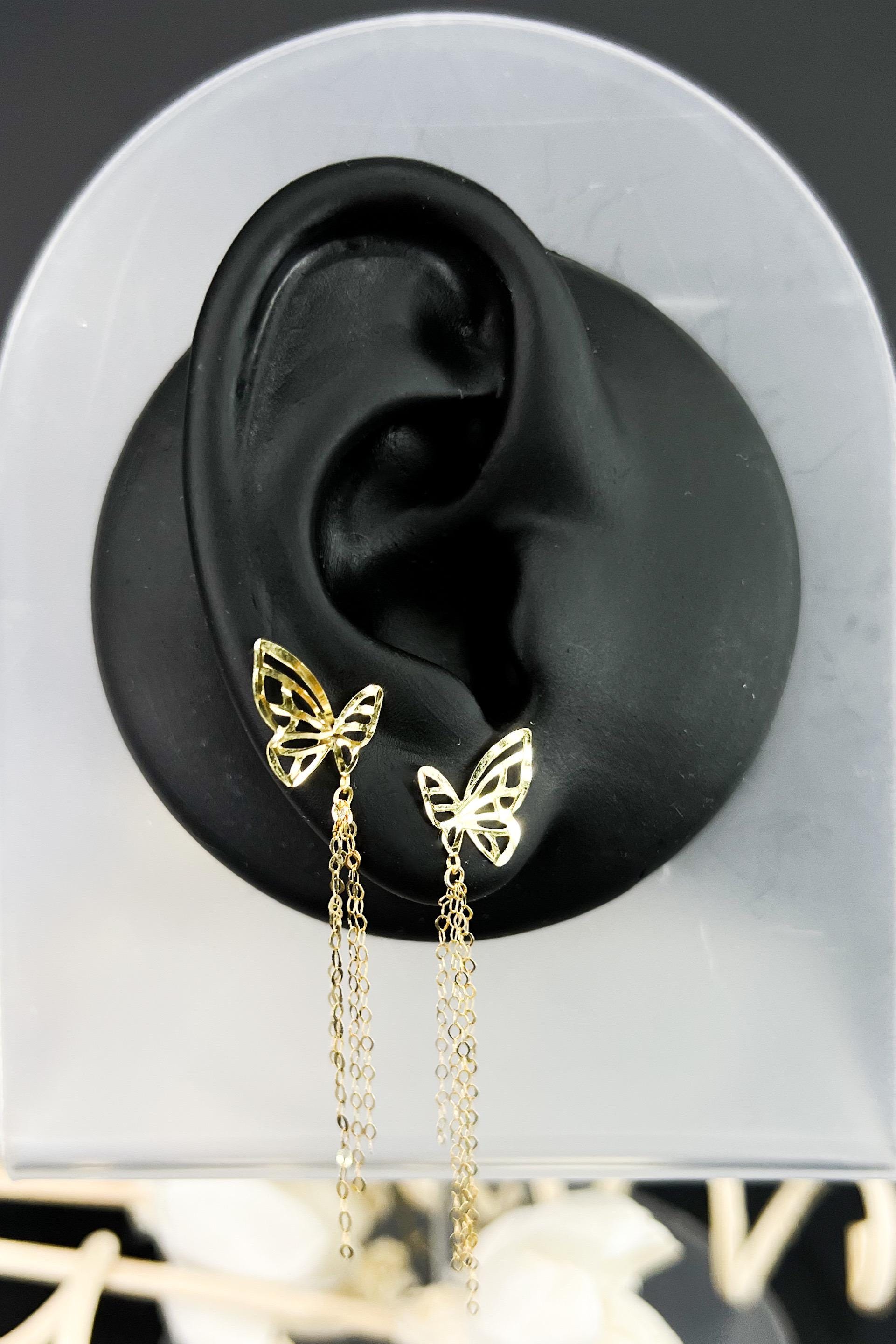 18K Solid Gold Butterfly Earrings, Dainty Butterfly Dangle Earrings, Minimalist Gold Drop Earrings, Delicate Jewelry Gift for Her