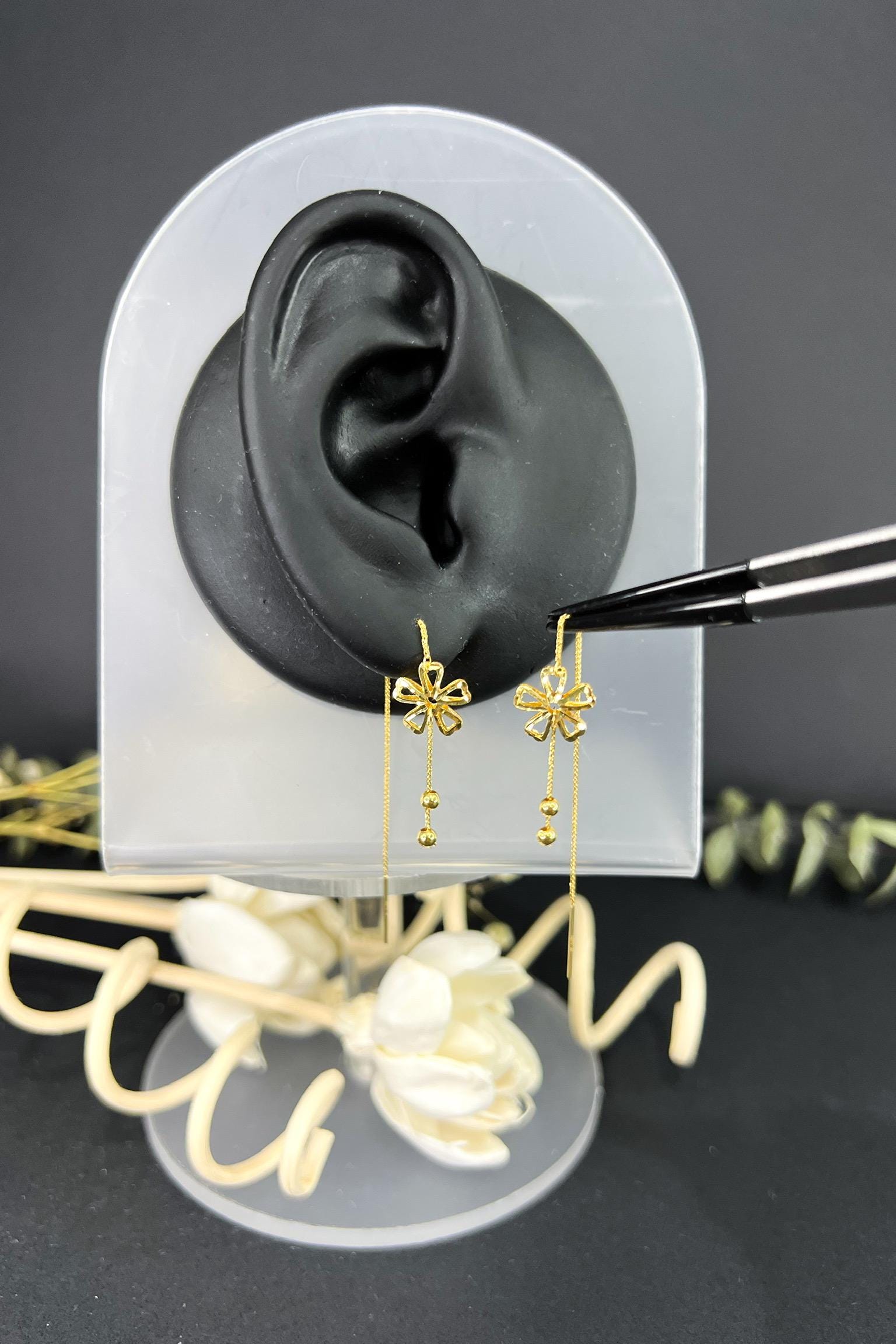 18K Solid Gold Floral Threader Earrings, Dainty Flower Dangle Earrings, Minimalist Gold Earrings, Delicate Jewelry Gift for Her